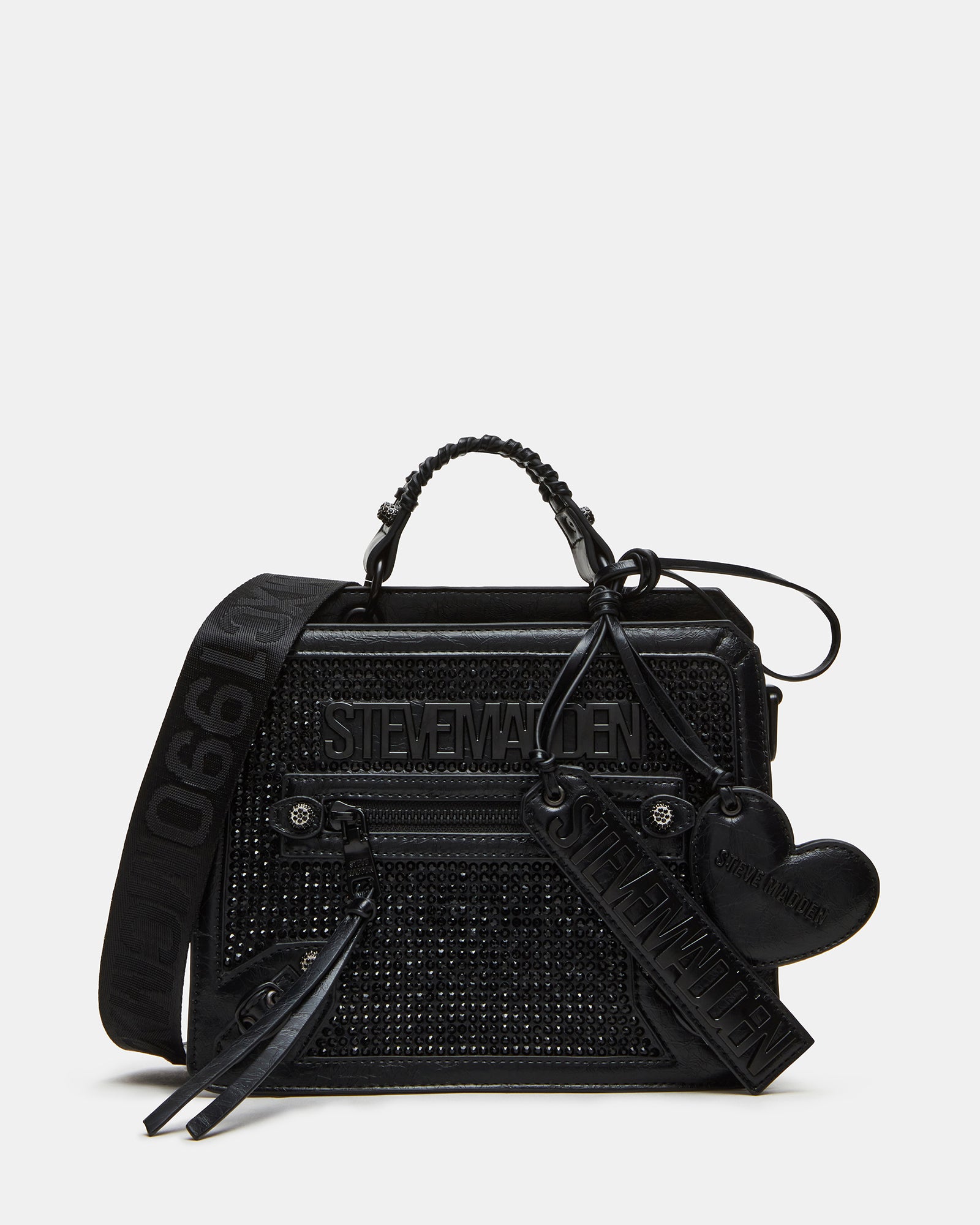 Front view of Evelyn Charms top handle bag with rhinestones.