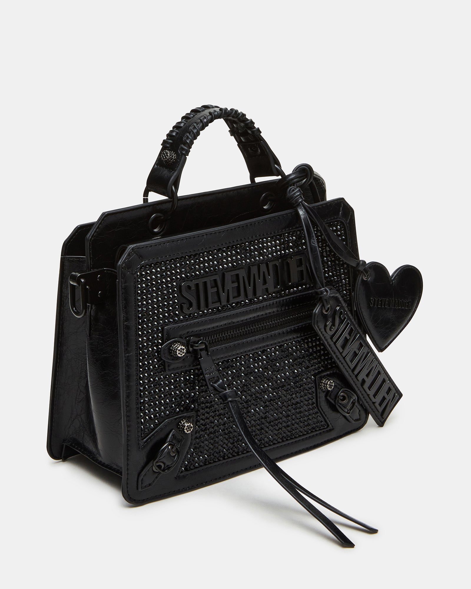 Front view of Evelyn Charms top handle bag with rhinestones.