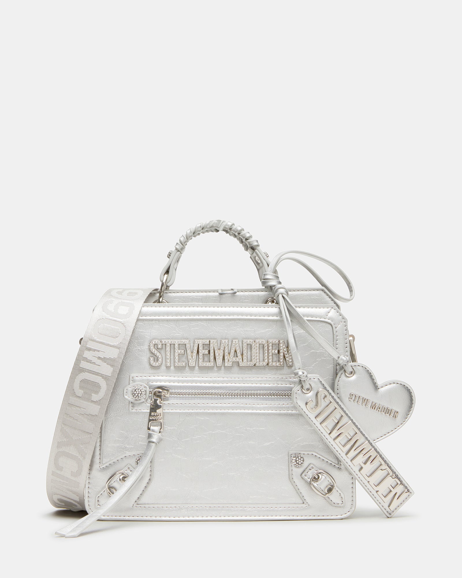 Front view of Evelyn Charms leather handbag with rhinestones and detachable heart charm