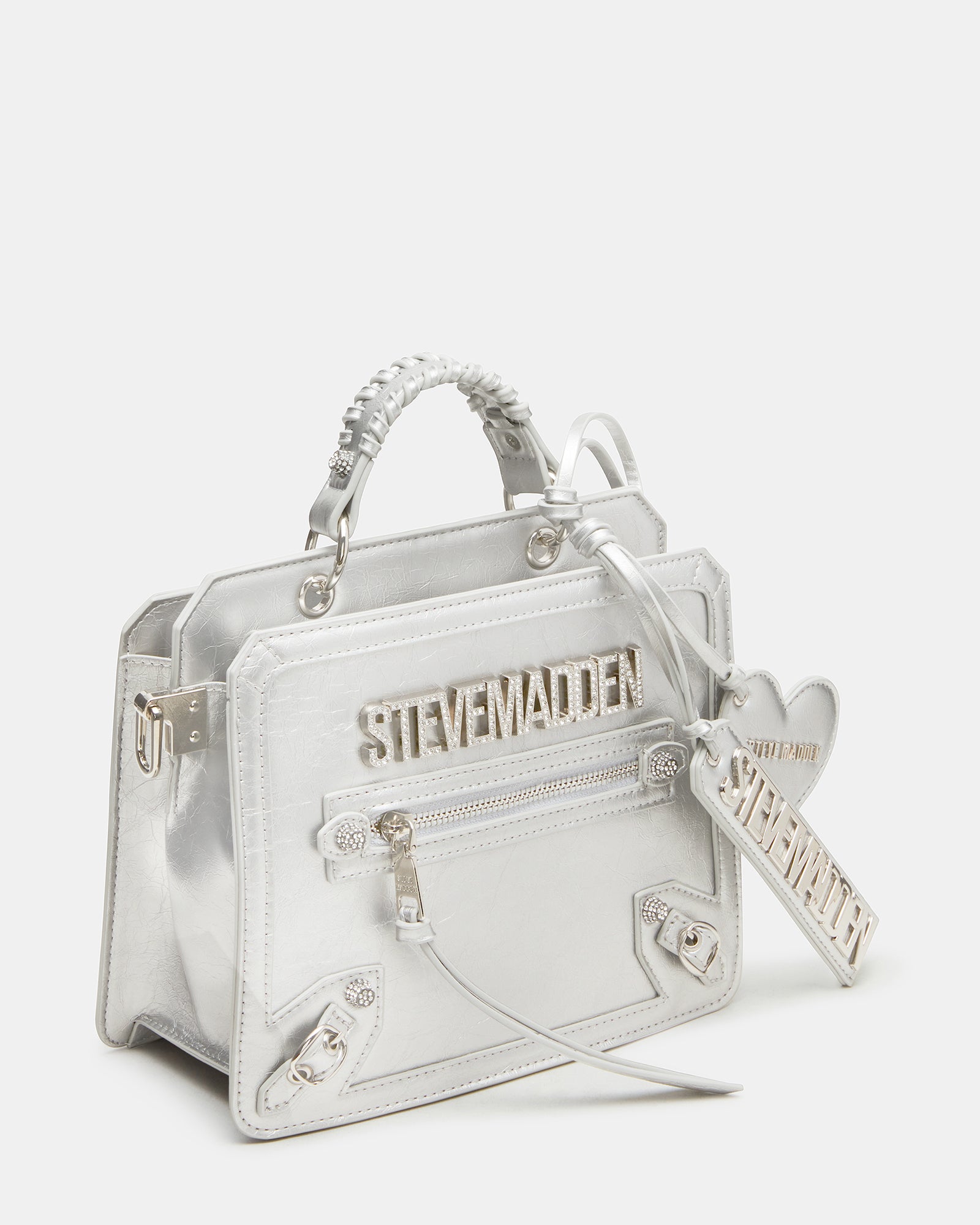 Front view of Evelyn Charms leather handbag with rhinestones and detachable heart charm