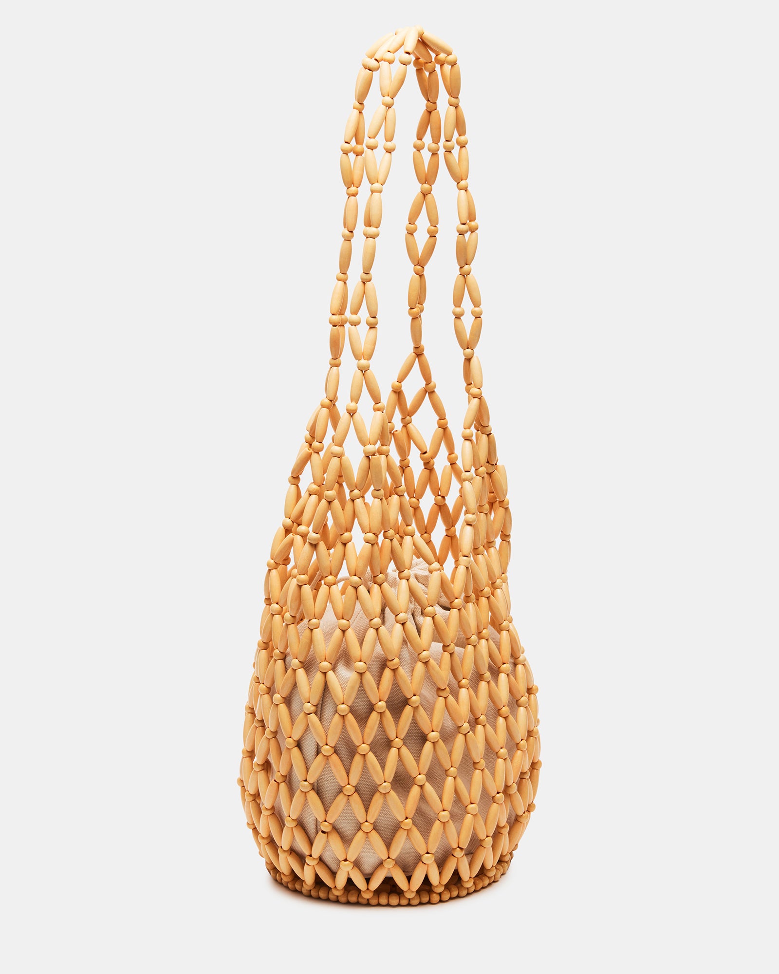 Front view of the FIJI beaded shoulder bag with lattice design for beach outings