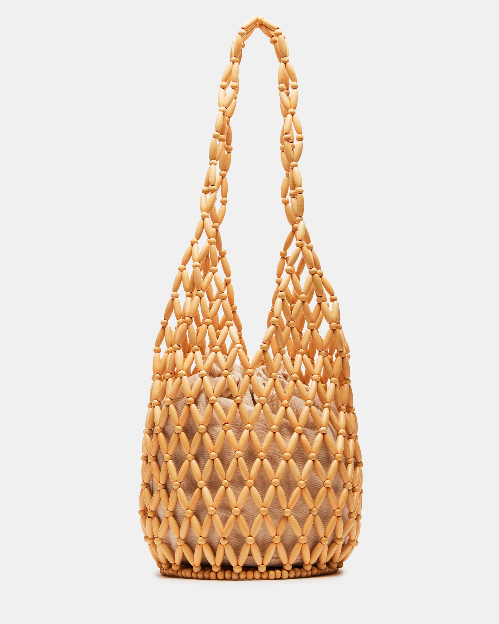 Front view of the FIJI beaded shoulder bag with lattice design for beach outings