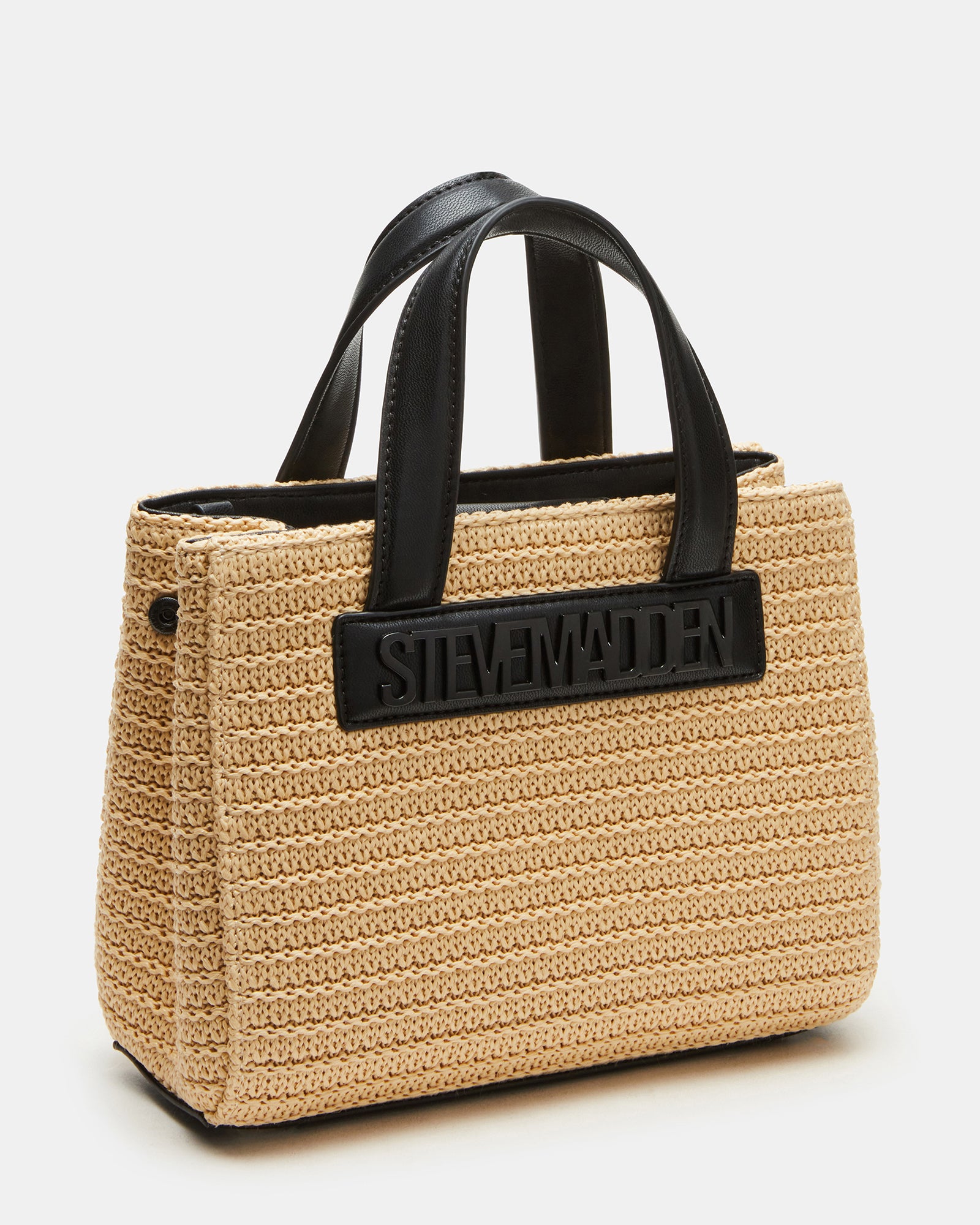 Front view of the black straw tote bag with detachable pouch and top-handle straps