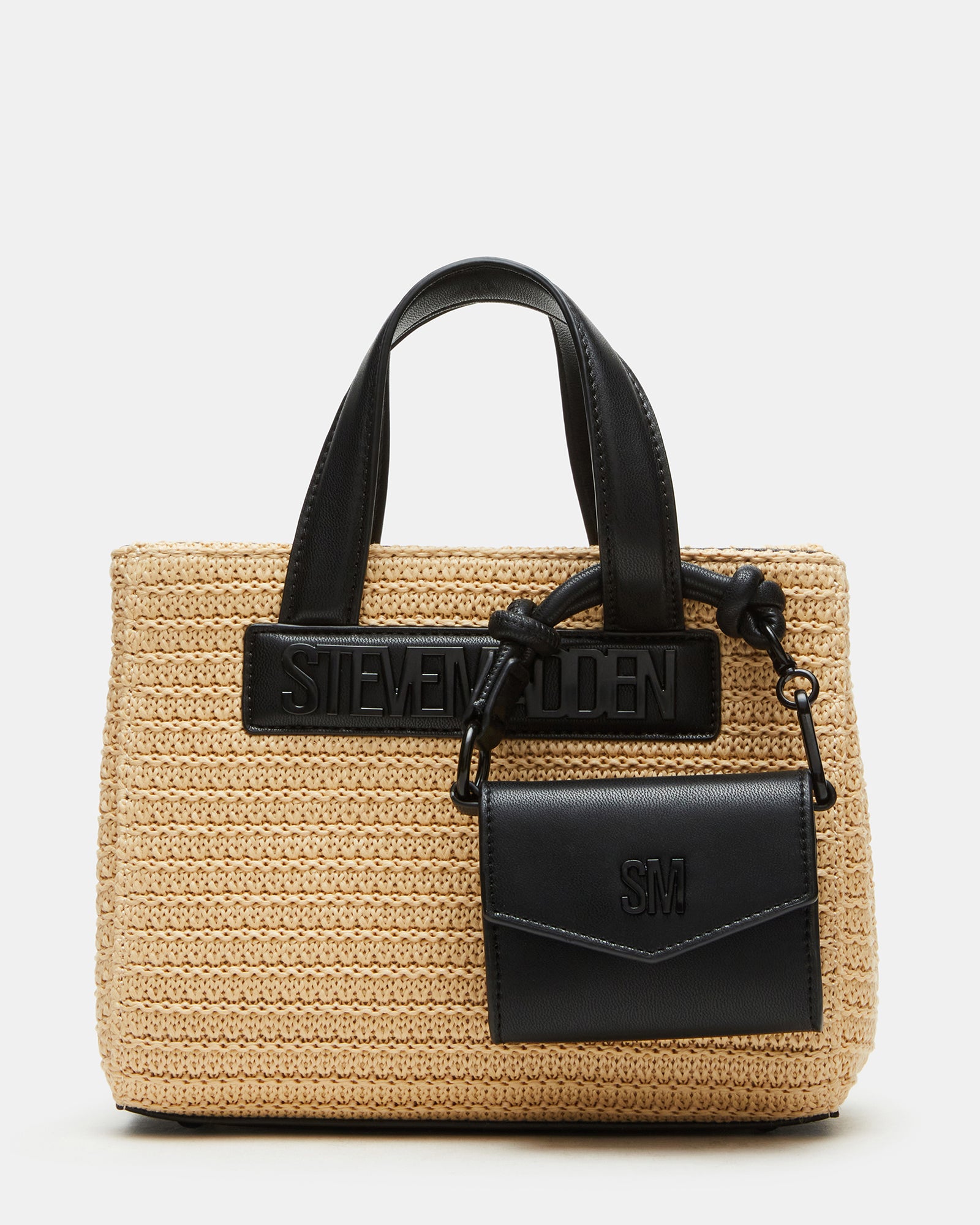 Front view of the black straw tote bag with detachable pouch and top-handle straps