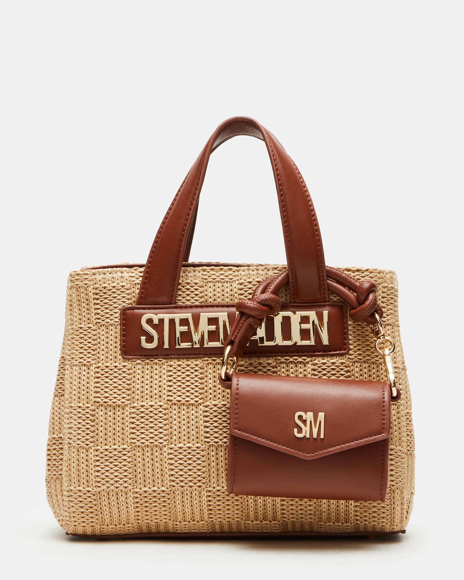 Top-down view of the small straw bag showing interior pouch and gusset.