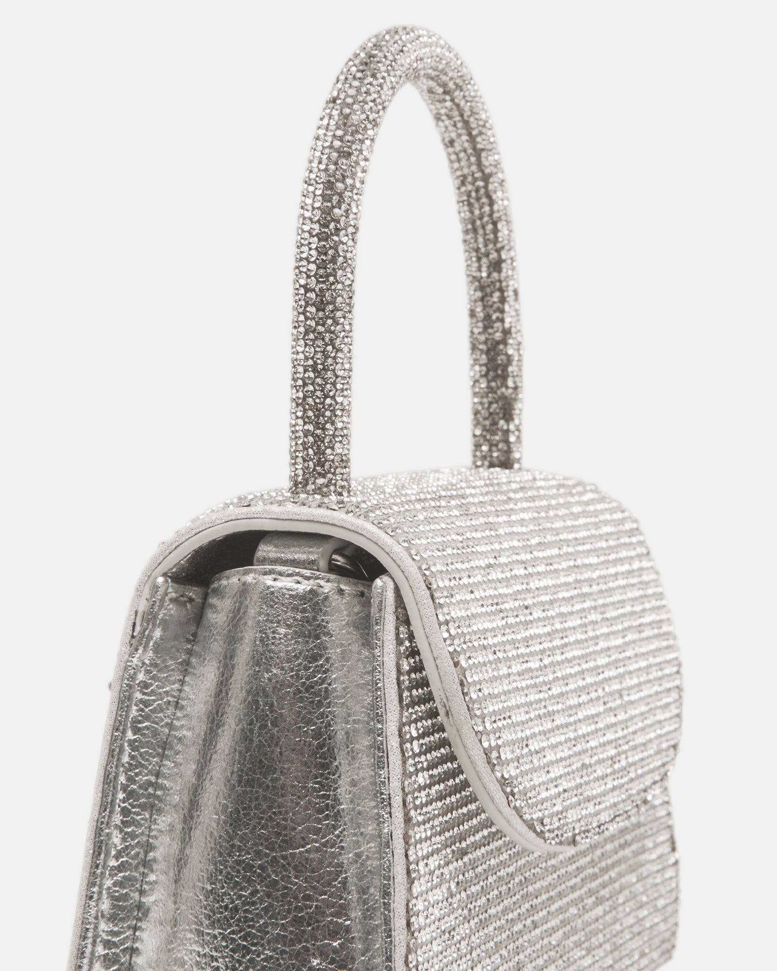 Top view of the mini tote bag with chain strap and magnetic closure.