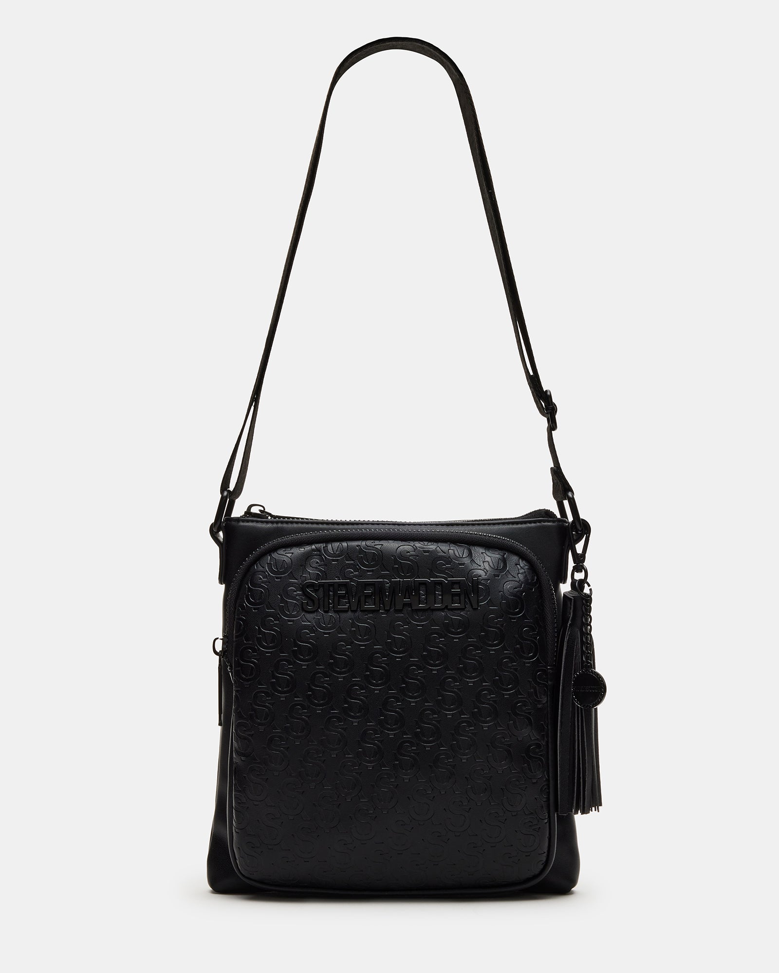 Close-up of the black leather crossbody bag with tassel charm and logo detail