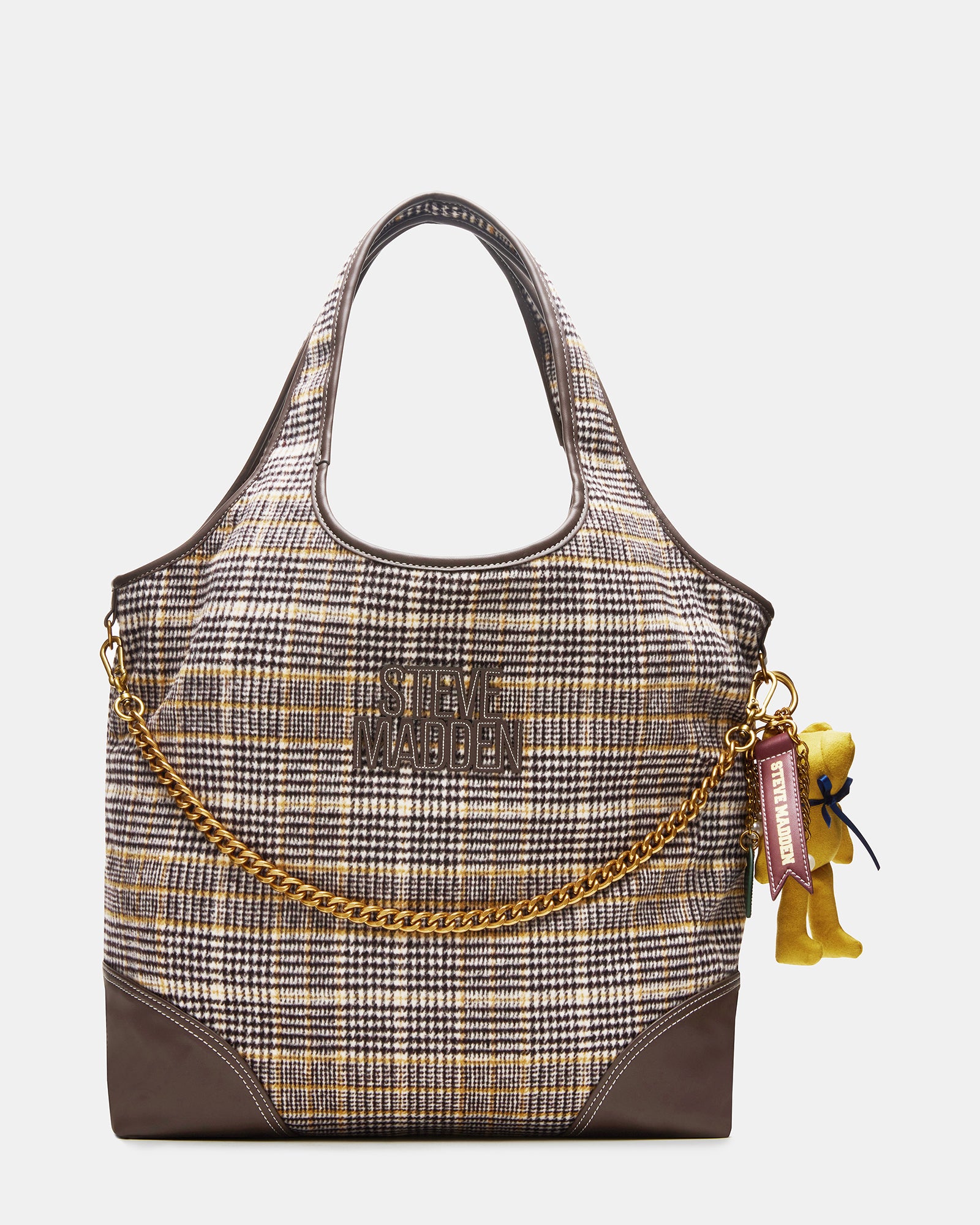 Front view of the chic plaid tote bag showcasing its spacious interior and stylish design.