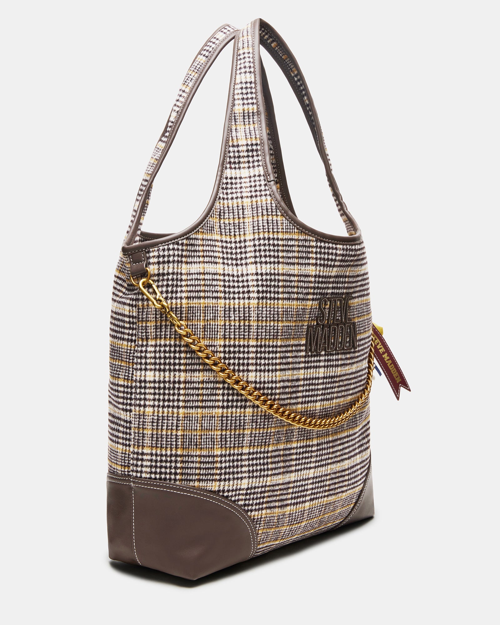 Front view of the chic plaid tote bag showcasing its spacious interior and stylish design.