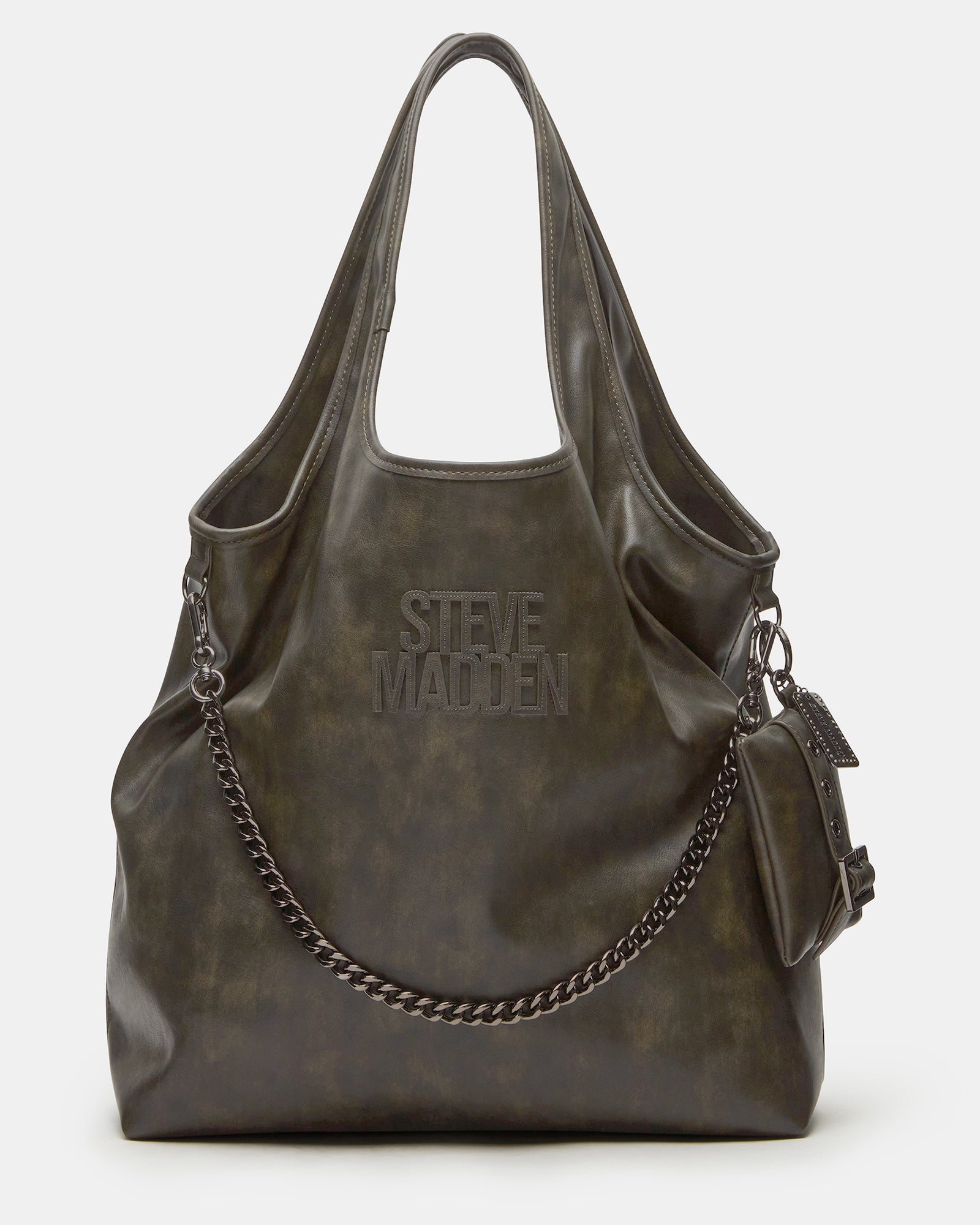 Close-up of the olive tote bag’s distressed texture and logo patch