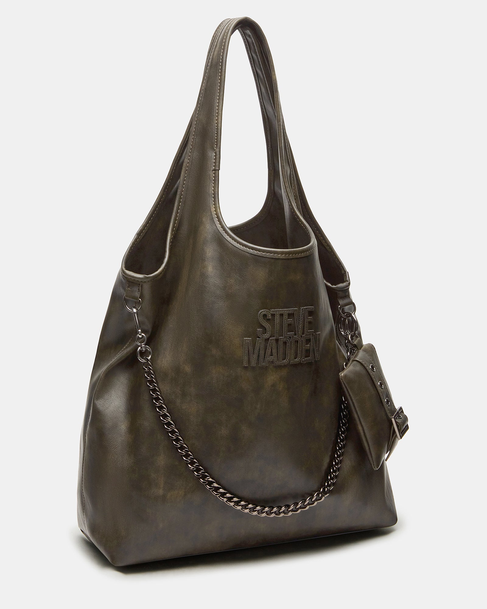 Close-up of the olive tote bag’s distressed texture and logo patch