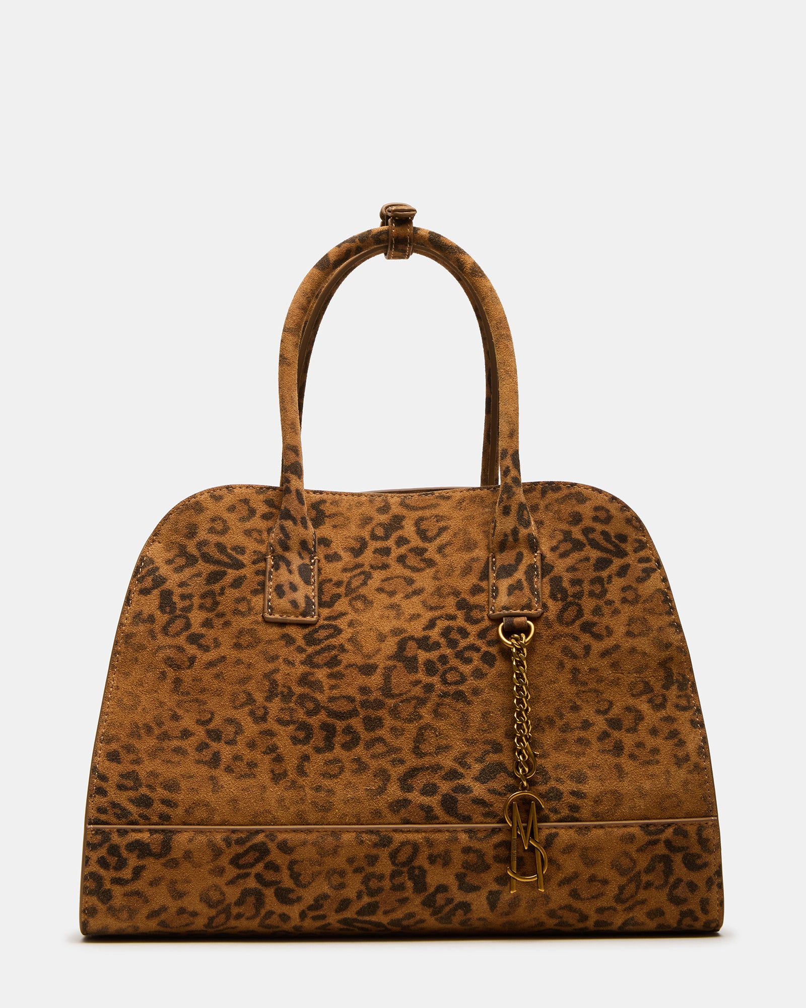 Close-up of HADLEE leopard print tote bag showing top handles and gold hardware