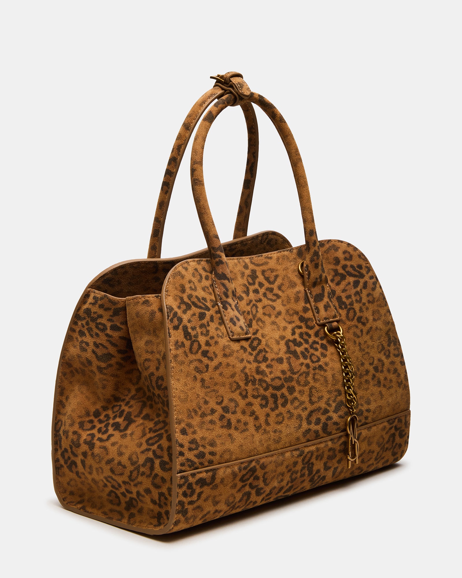 Close-up of HADLEE leopard print tote bag showing top handles and gold hardware