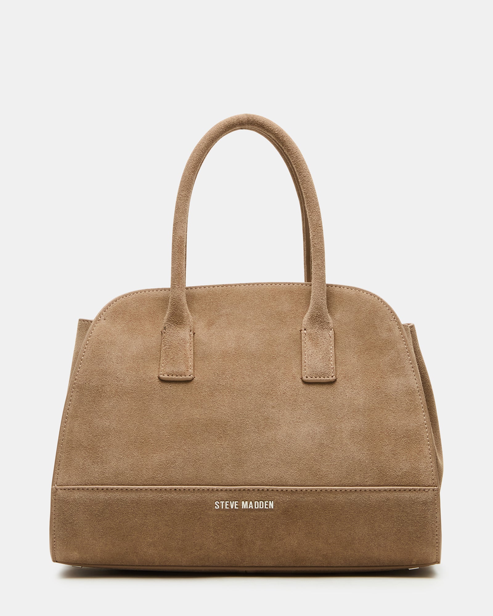 Side view of the taupe crossbody bag in suede with adjustable strap
