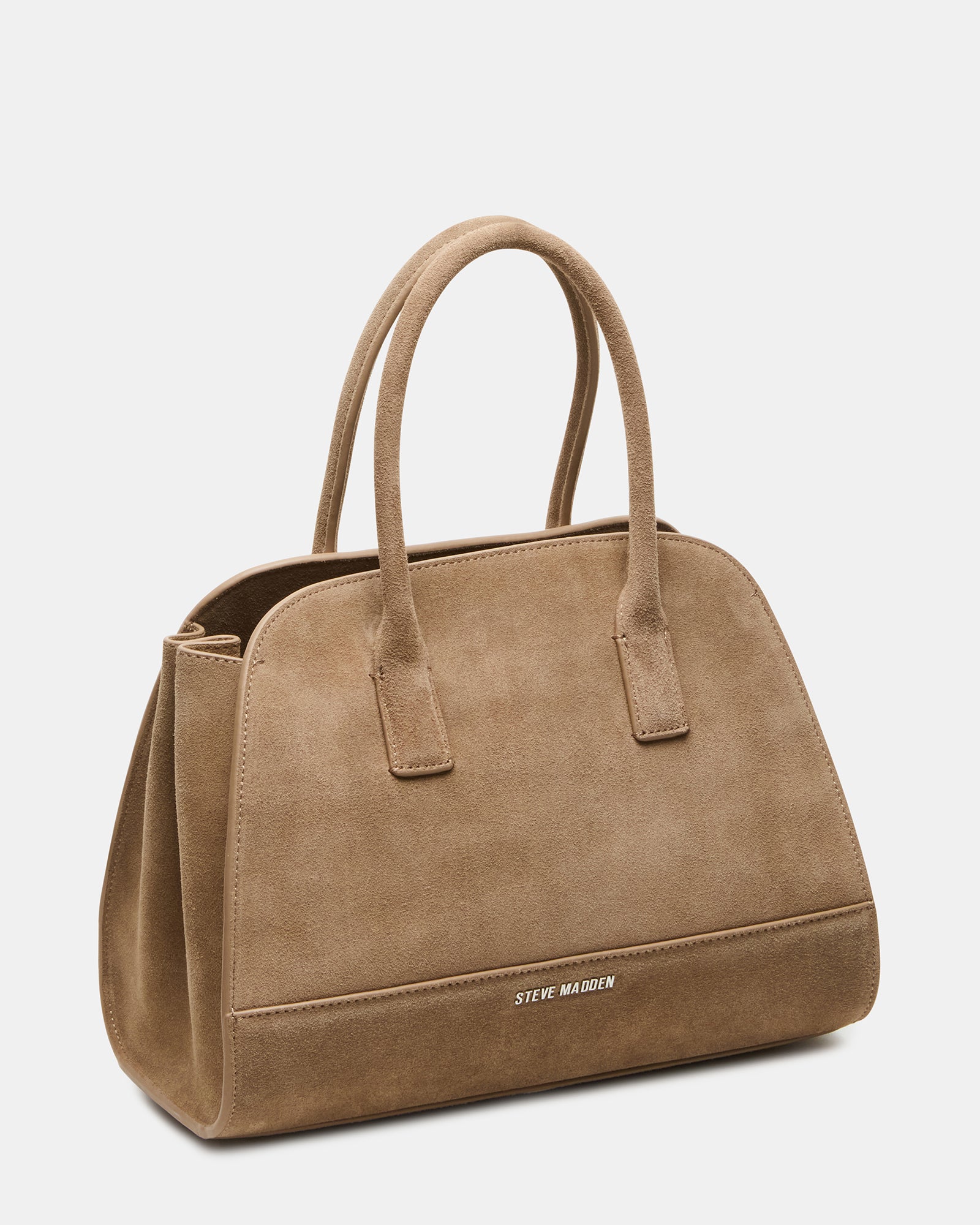 Side view of the taupe crossbody bag in suede with adjustable strap