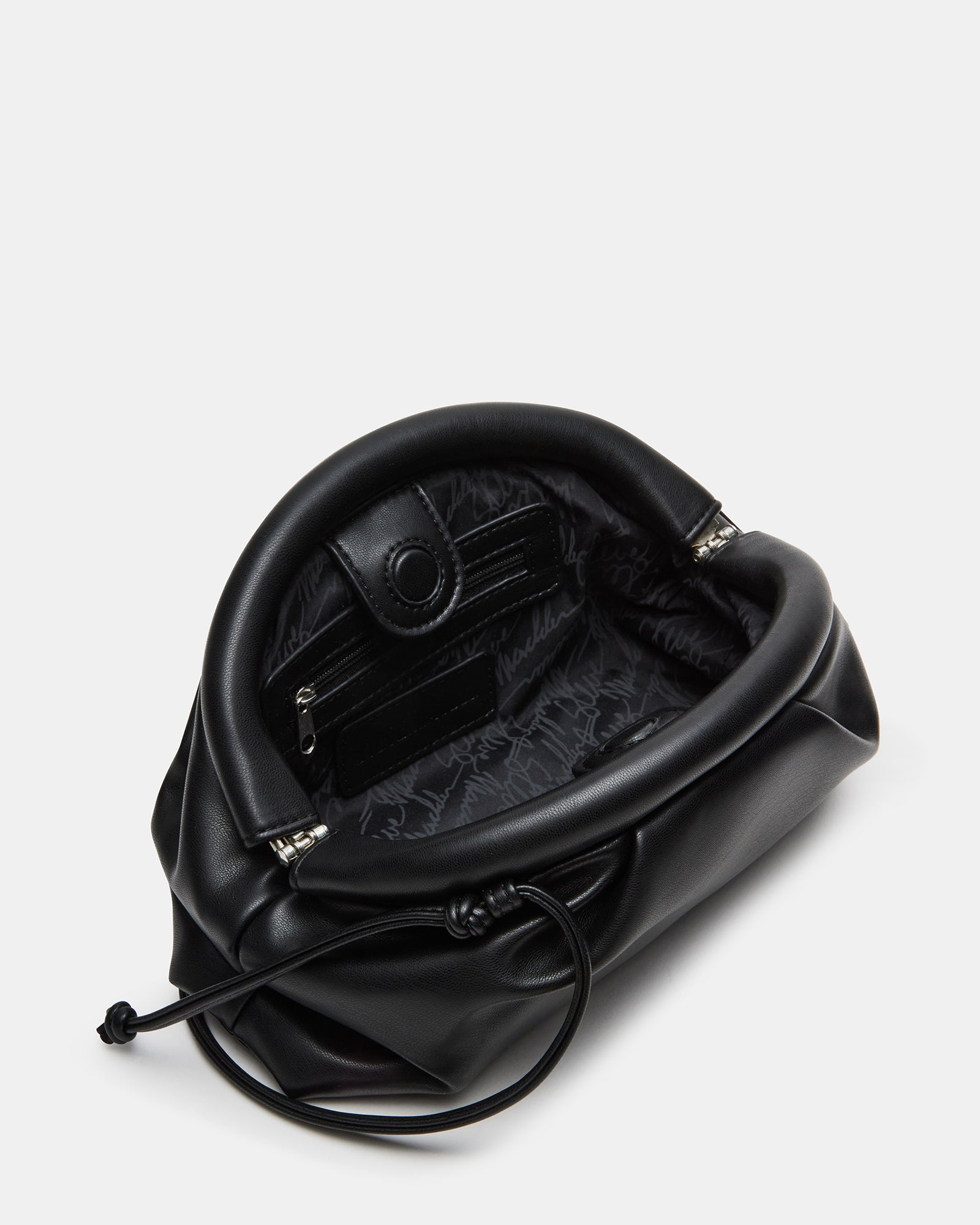 Close-up of the clamshell closure and chain strap detail