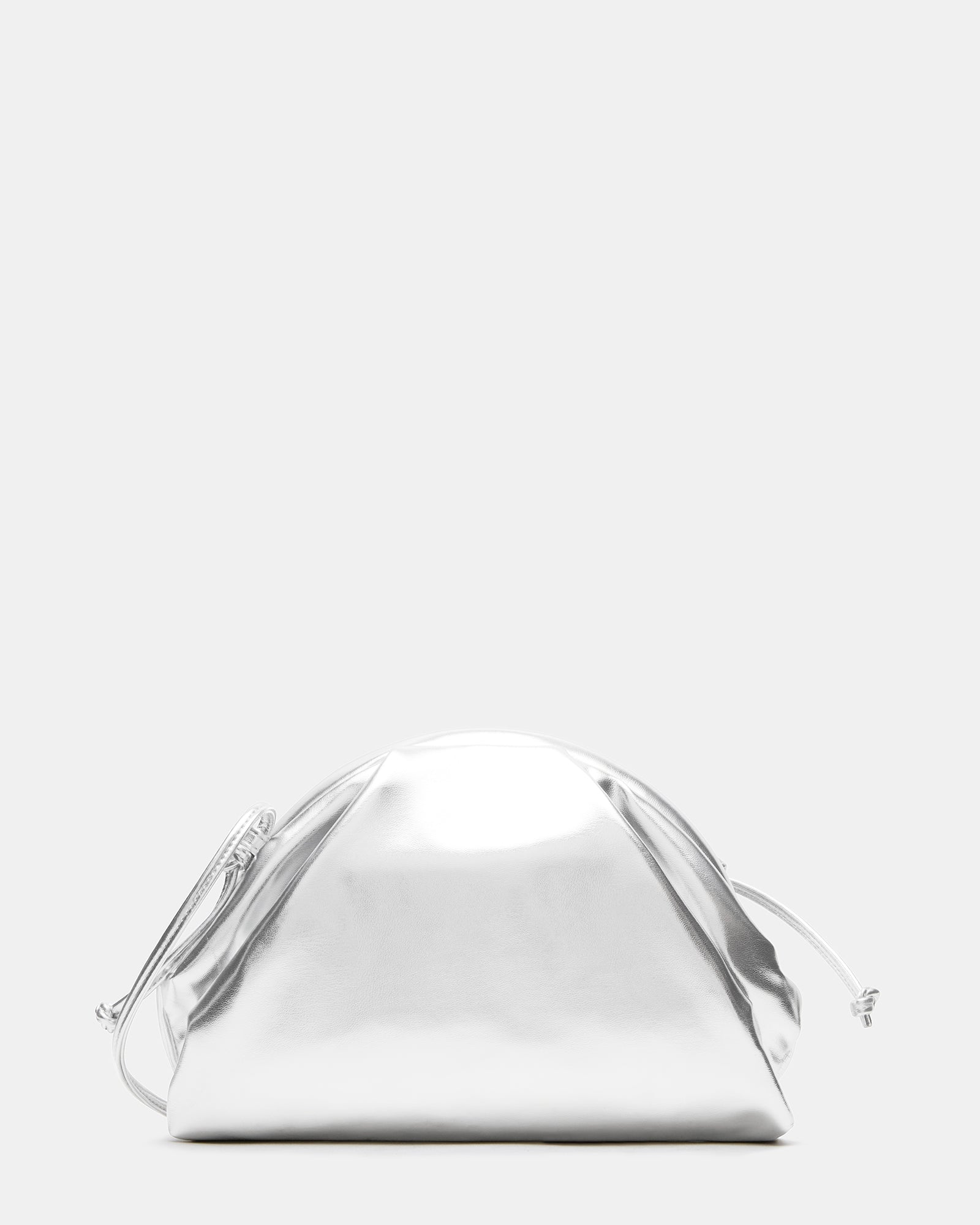 Front angle of silver handbag showing vintage clamshell closure