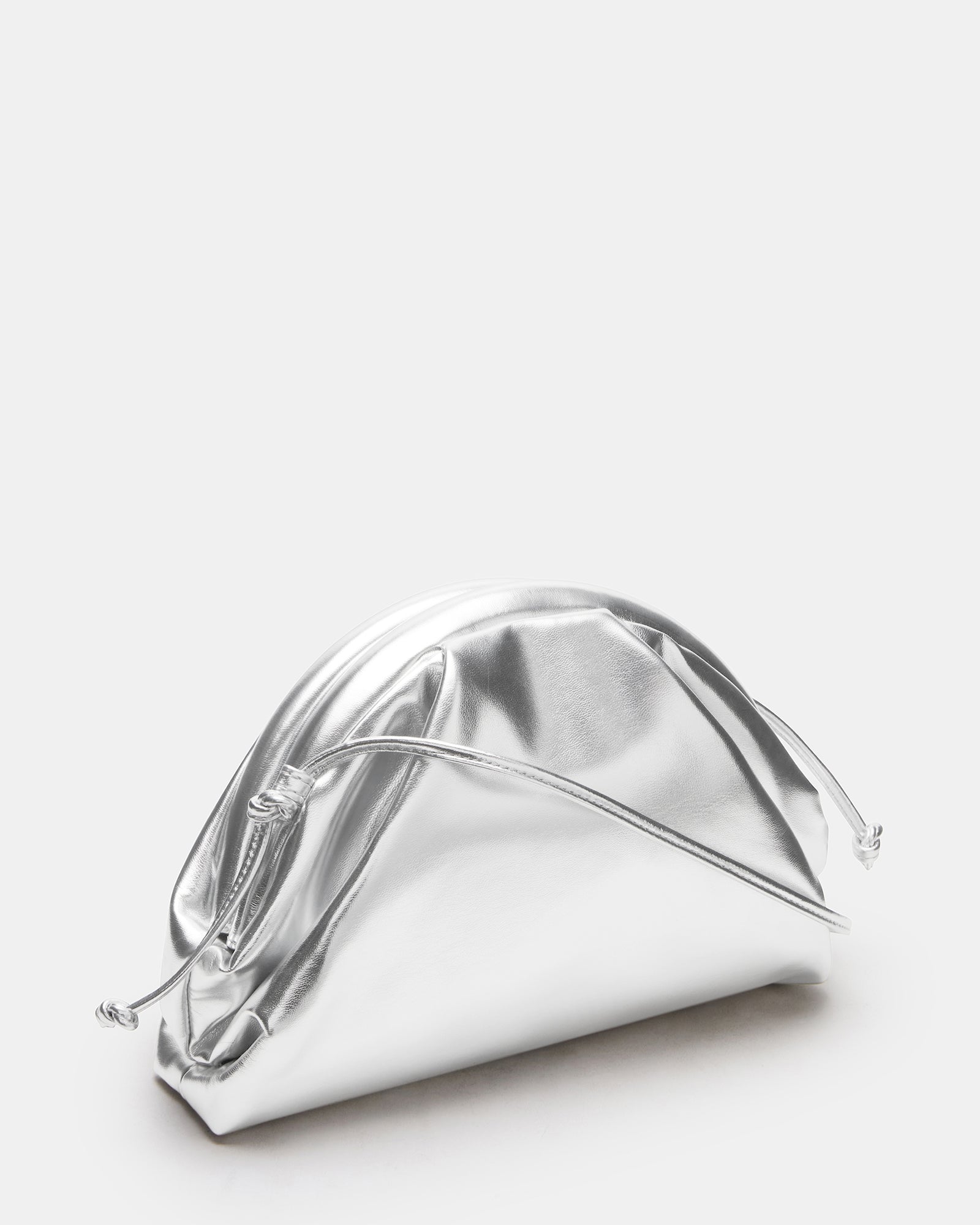 Front angle of silver handbag showing vintage clamshell closure