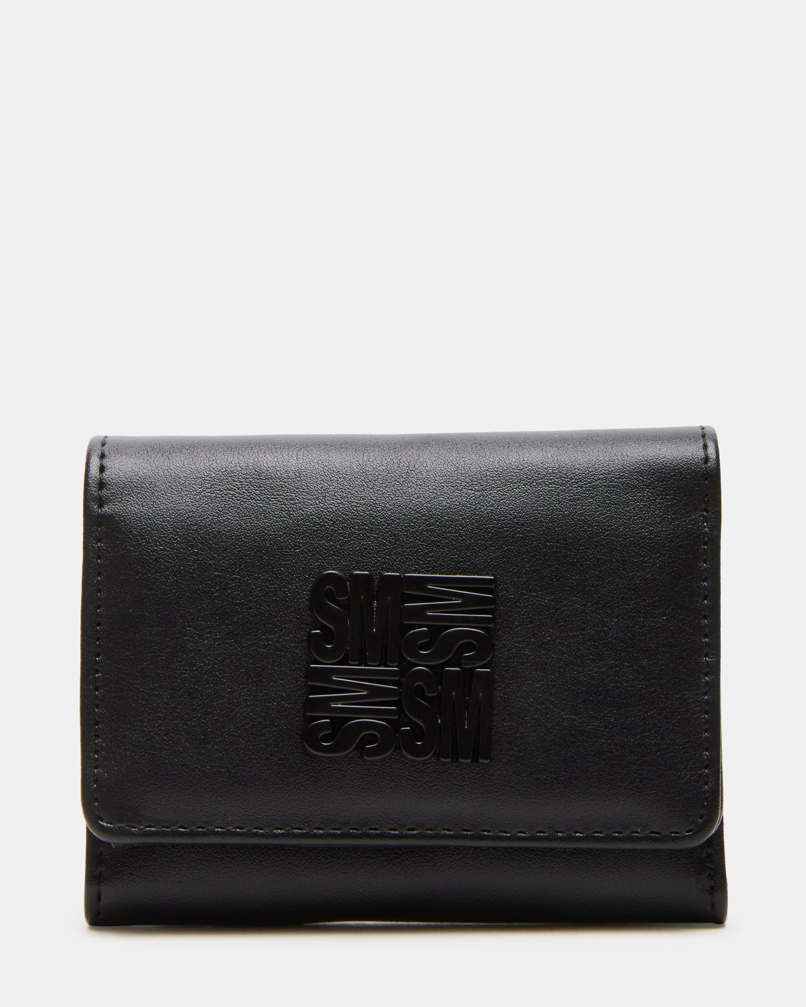 Top-down view of black bifold wallet with multiple card slots open