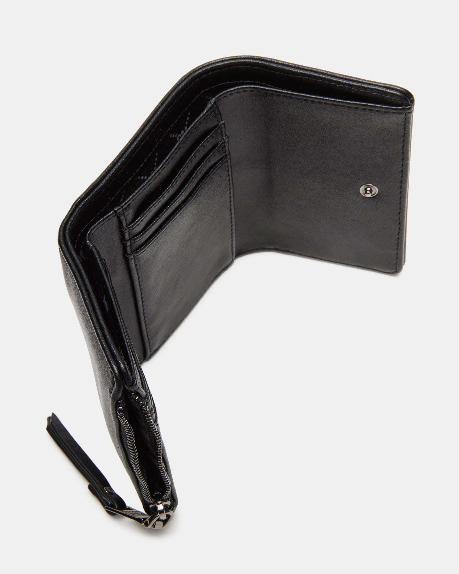 Top-down view of black bifold wallet with multiple card slots open