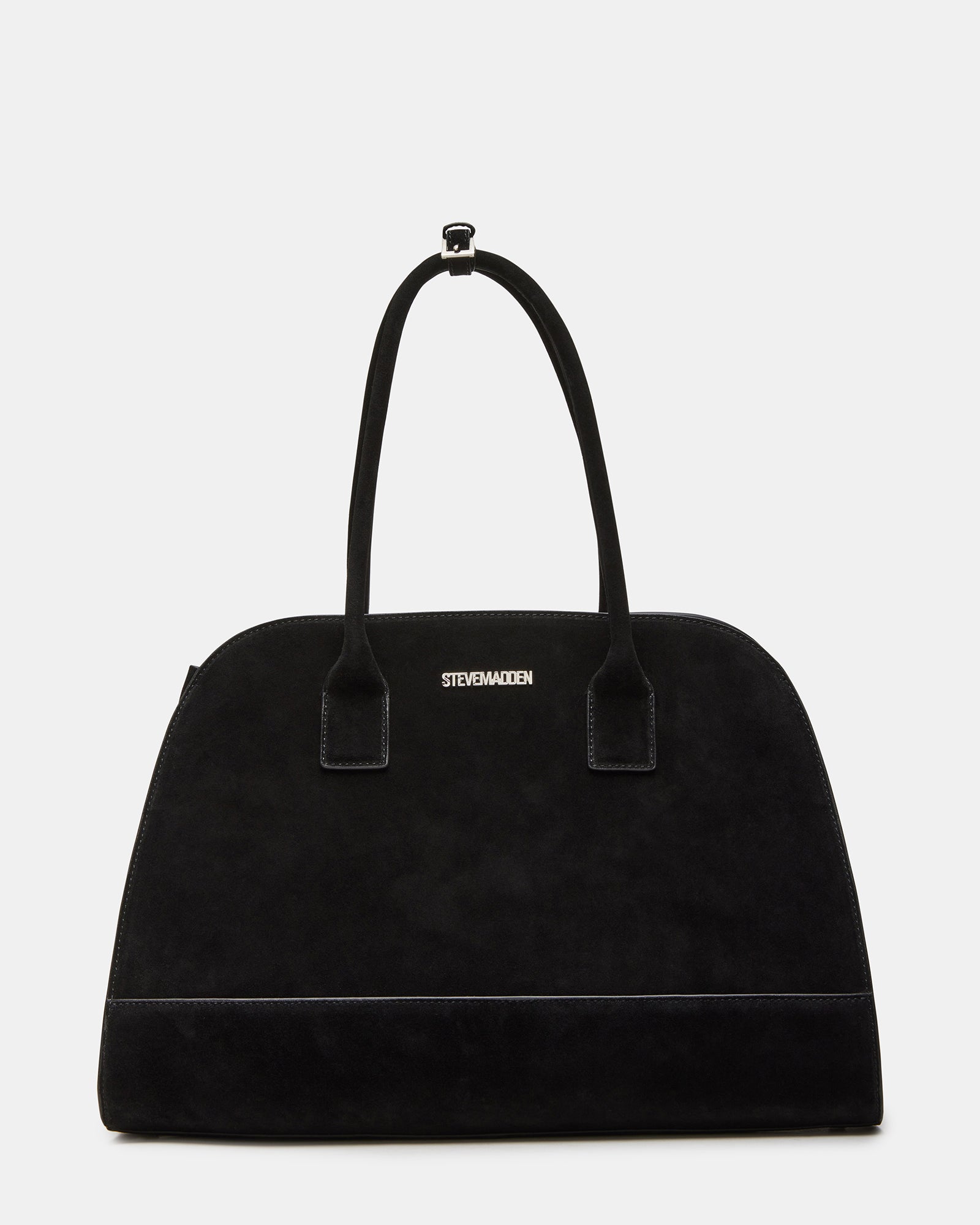 Black suede shoulder bag with buckle detail, front view