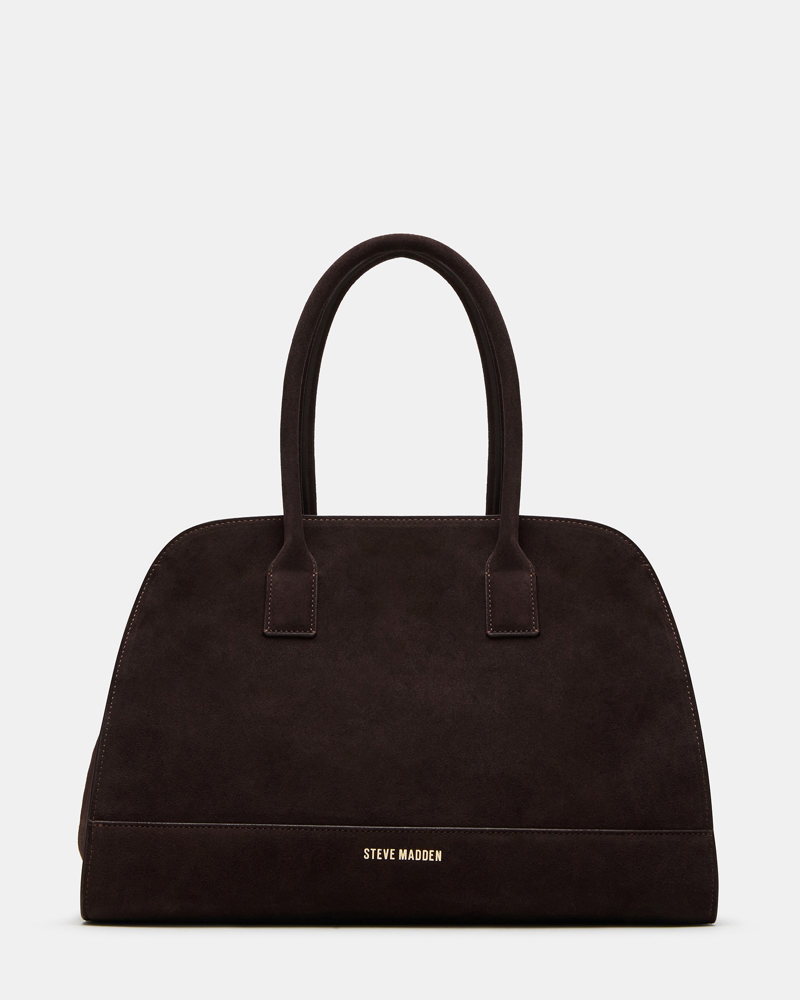Side angle of suede tote bag showing buckle and structured silhouette