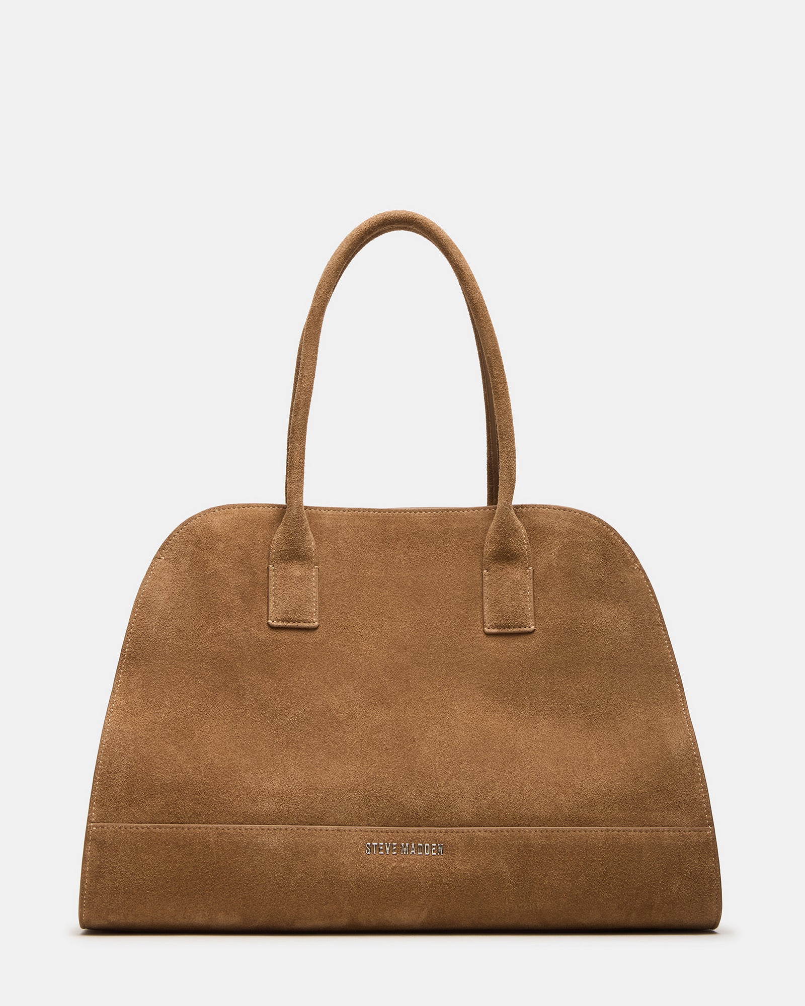 Close-up of the cognac suede shoulder bag with buckle detail