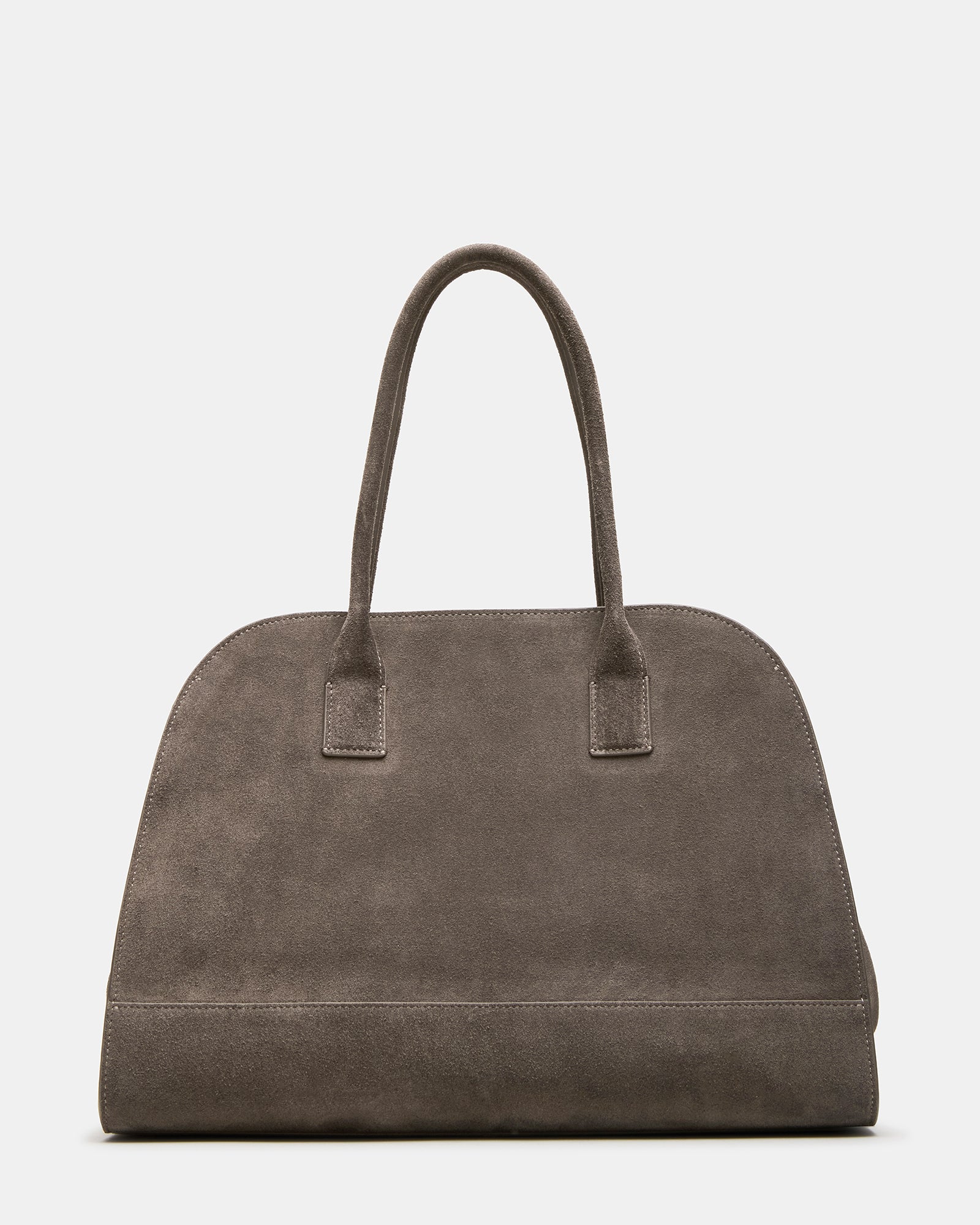 Interior view of the suede tote with inside zip pouch and spacious compartments