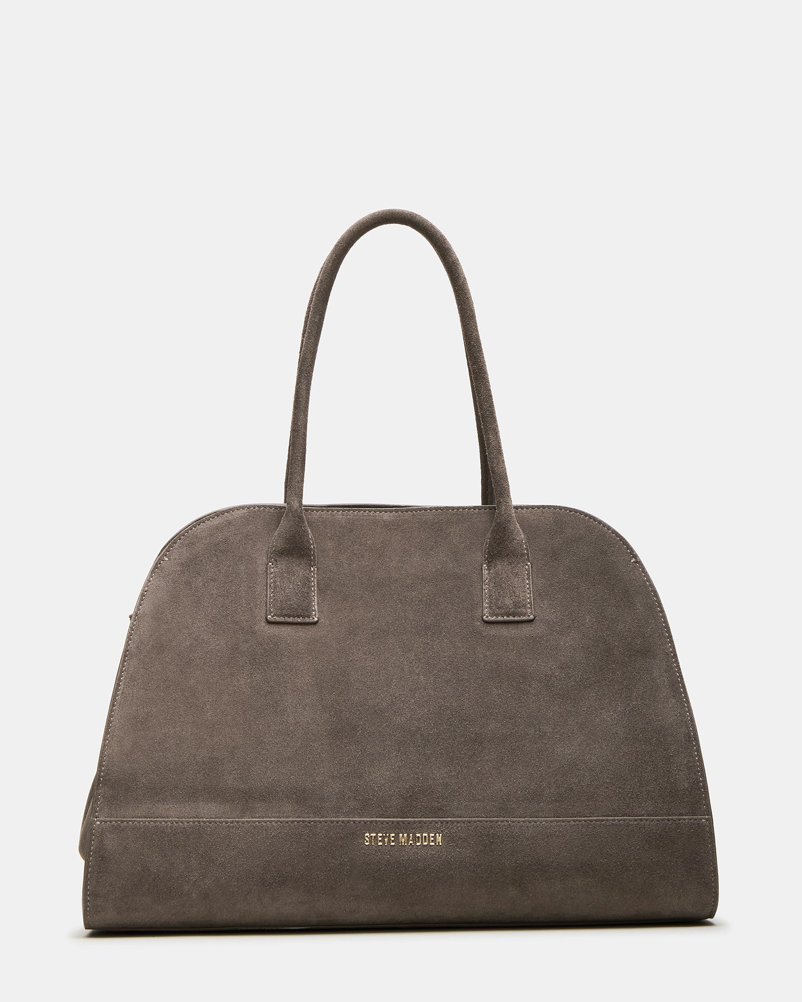 Close-up of the grey suede shoulder bag showing buckle detail and sleek design