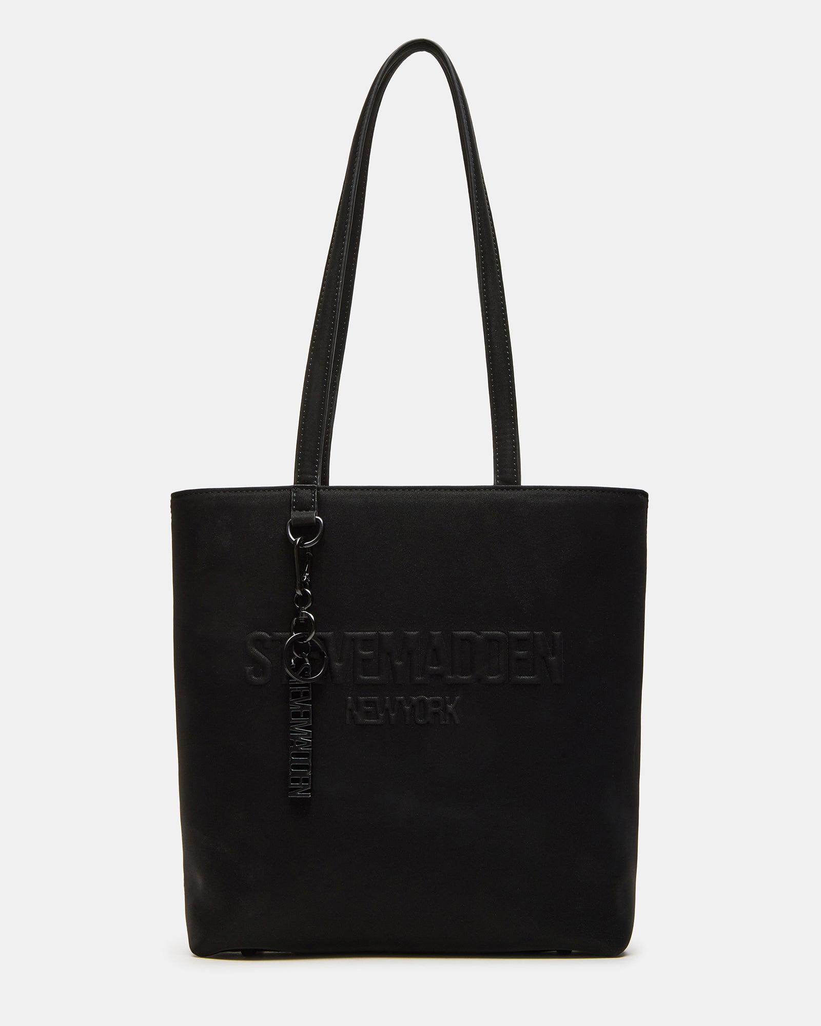 Front view of the ILLIE black shoulder bag with logo charm and removable pouch