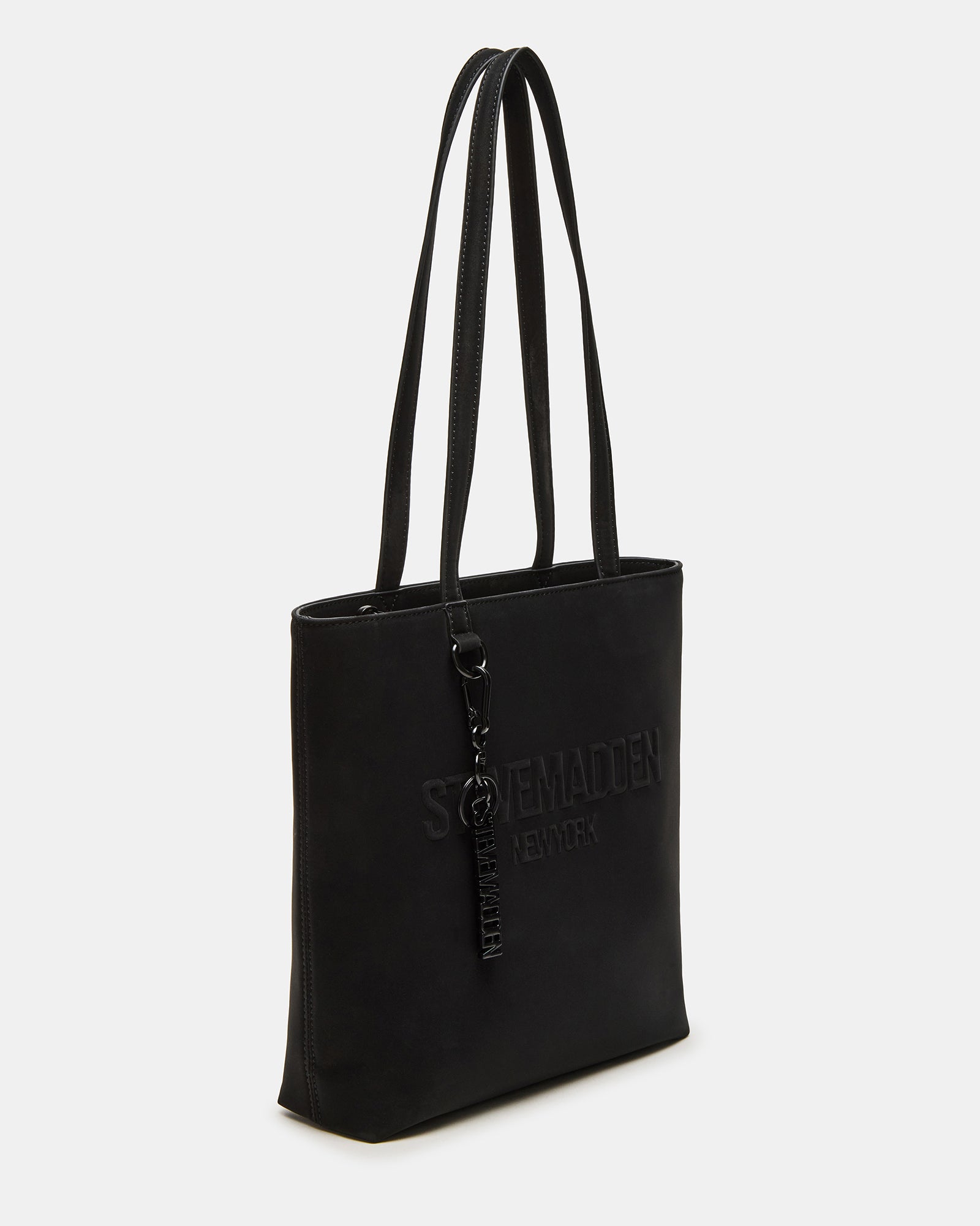 Front view of the ILLIE black shoulder bag with logo charm and removable pouch