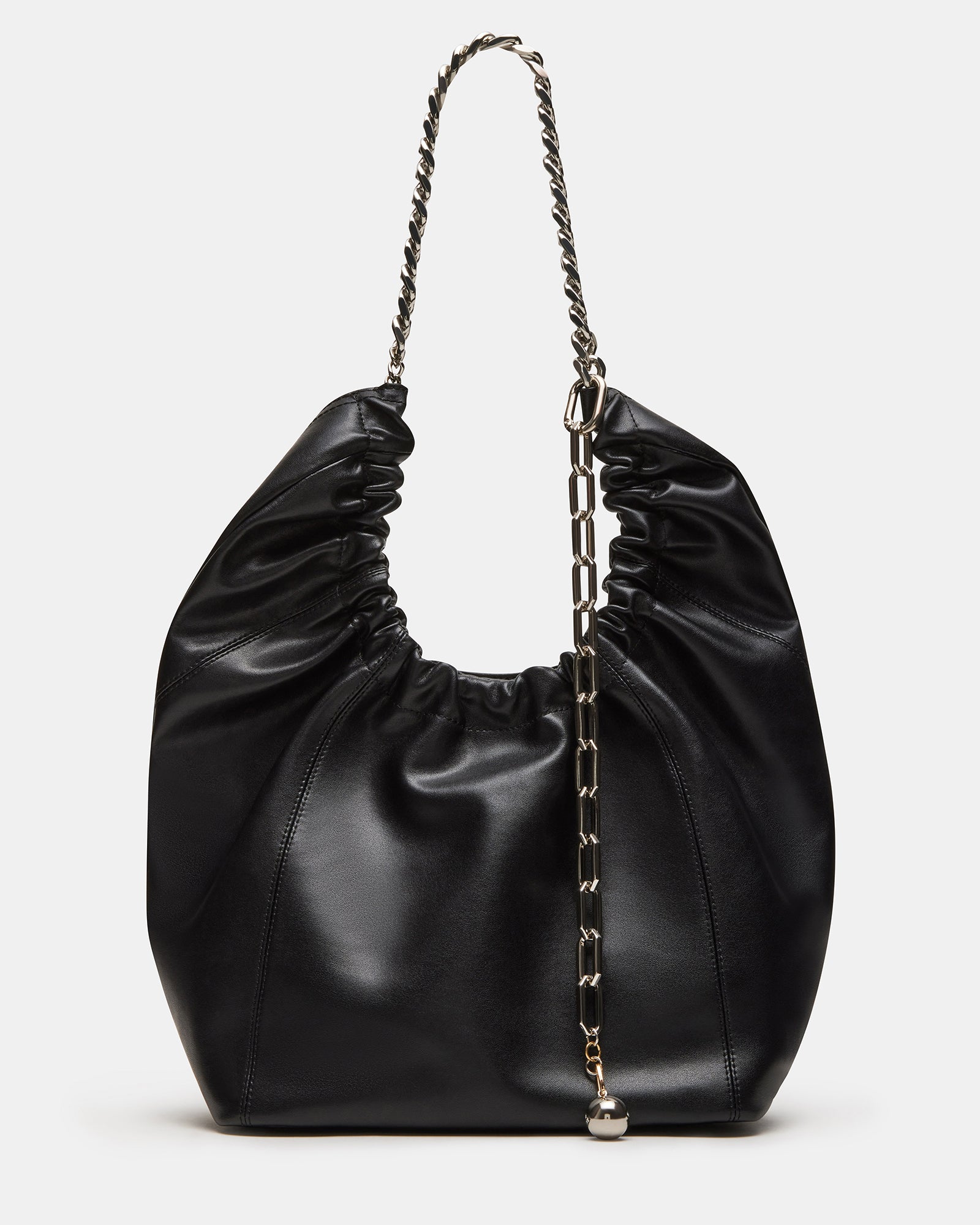 Close-up of Jason black hobo bag's ruched leather texture