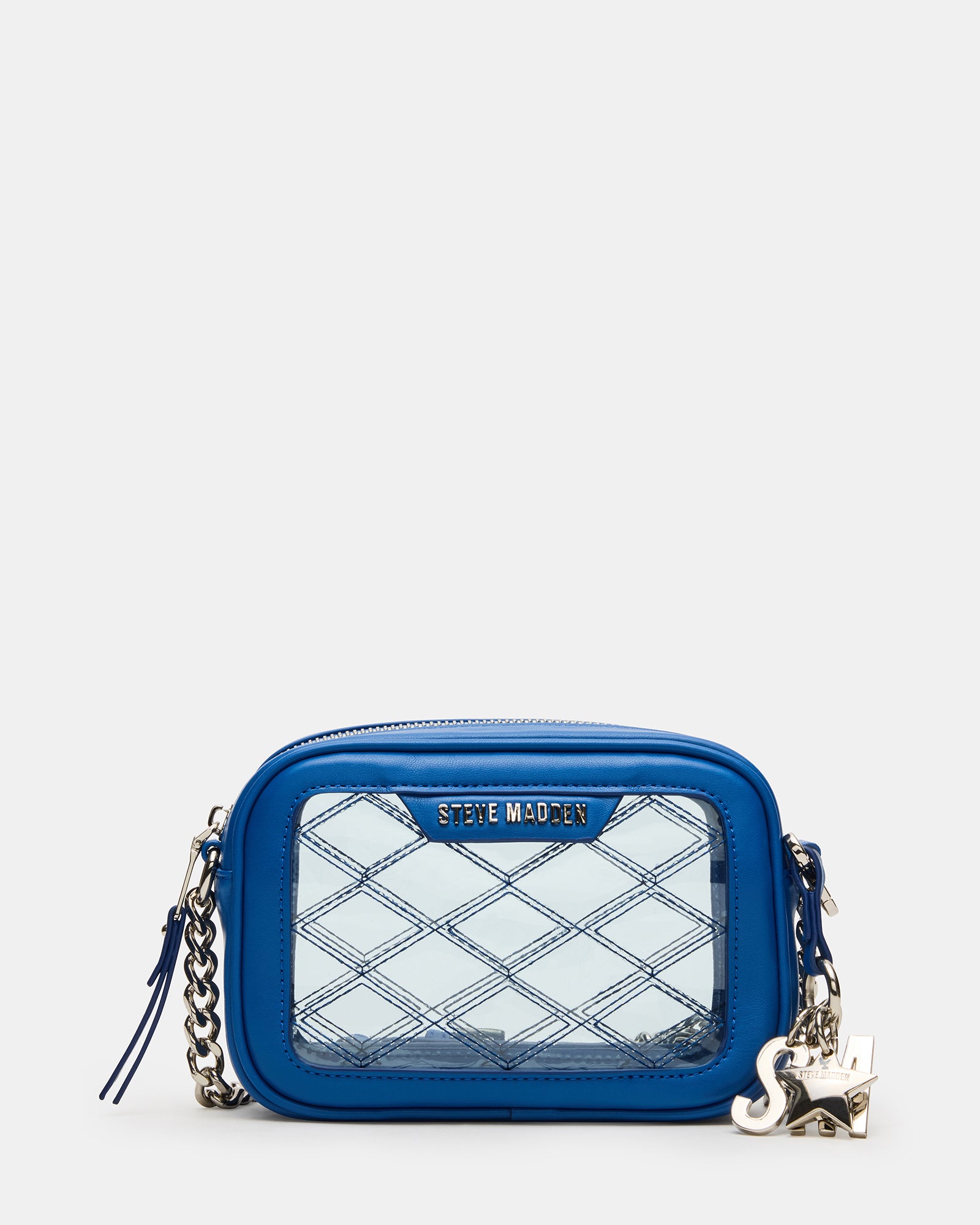 Close-up of blue jelly bag showing quilt stitching and matte hardware.