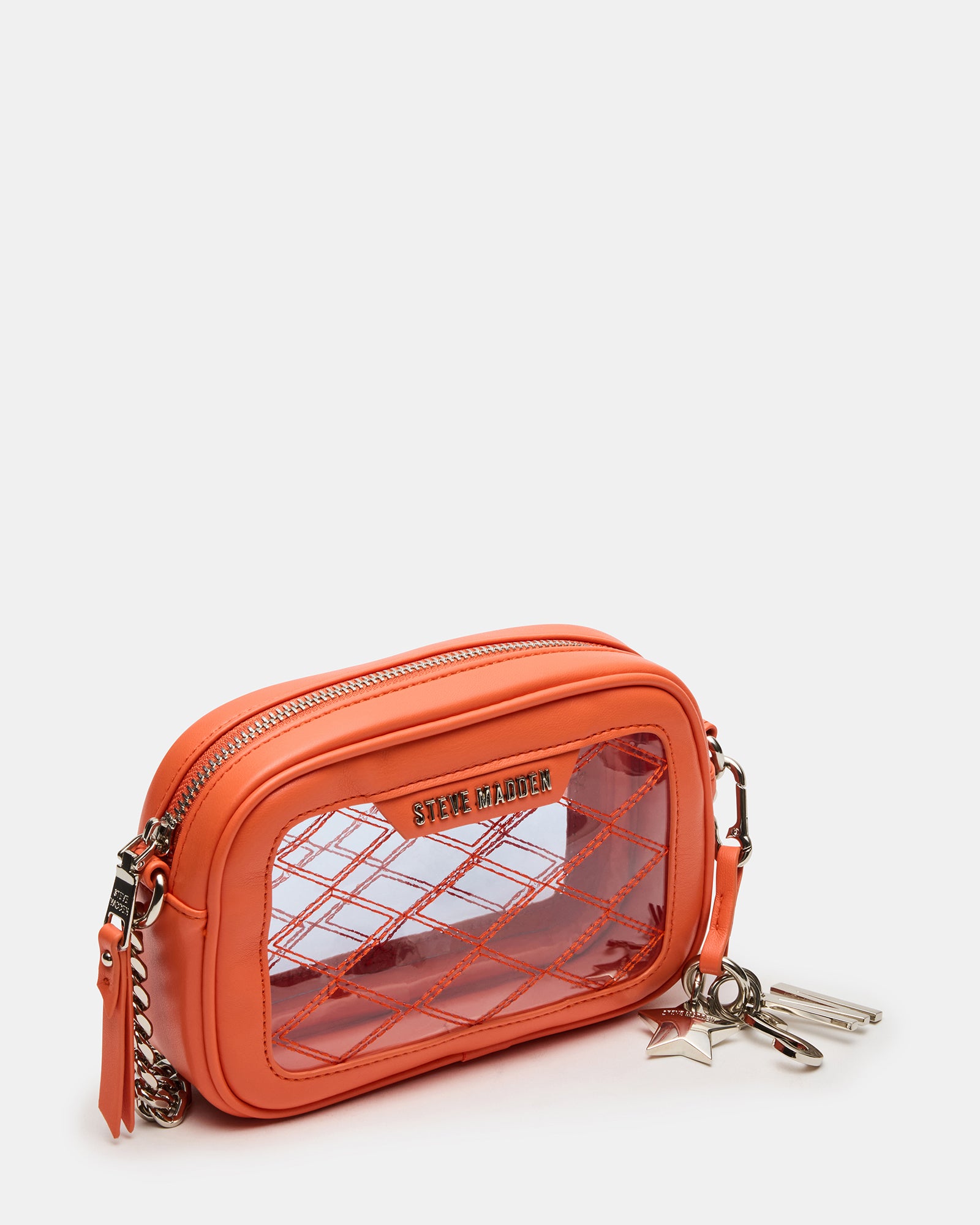 Front view of the chic orange clear crossbody camera bag.