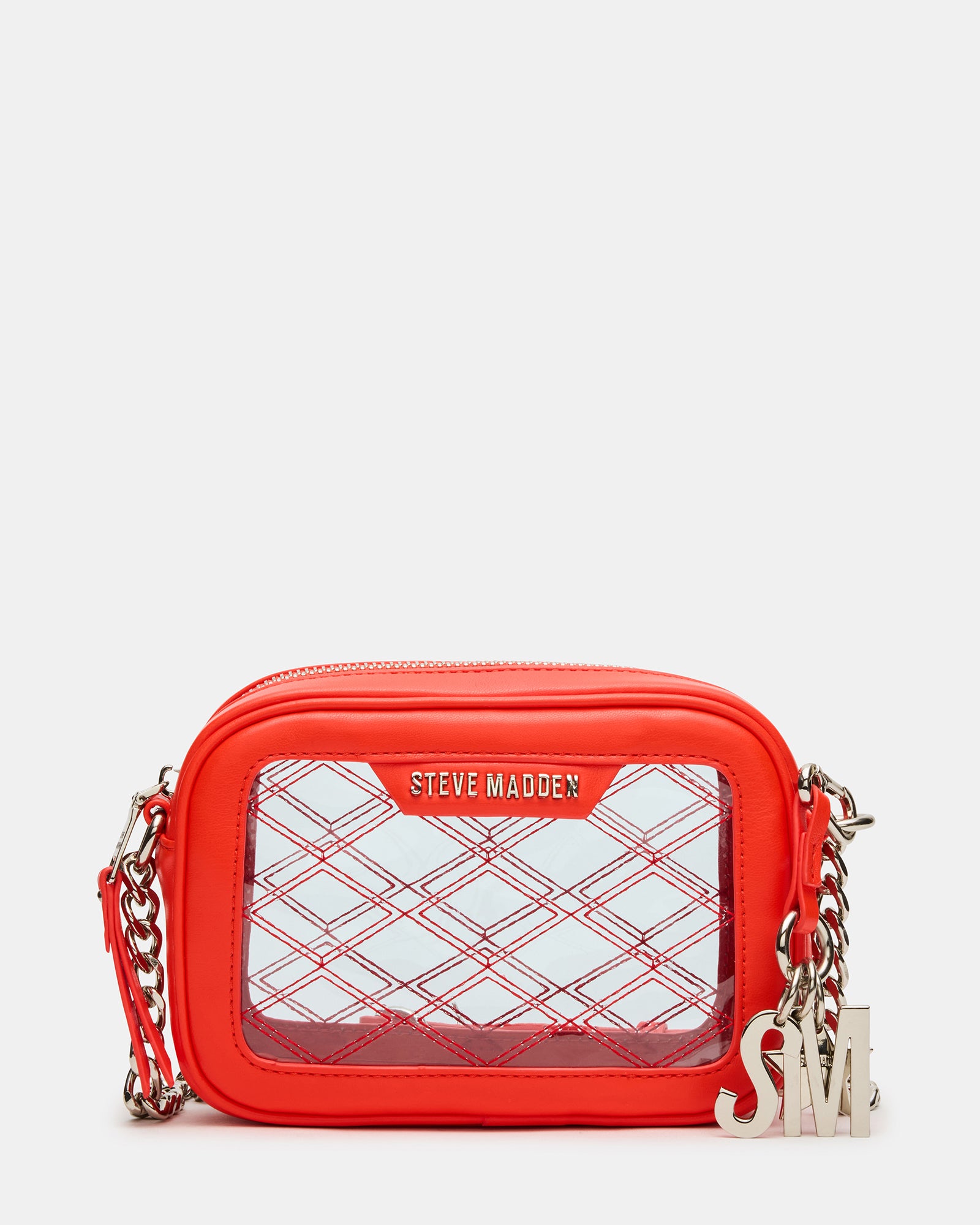 Front view of the stylish clear crossbody camera bag in red.