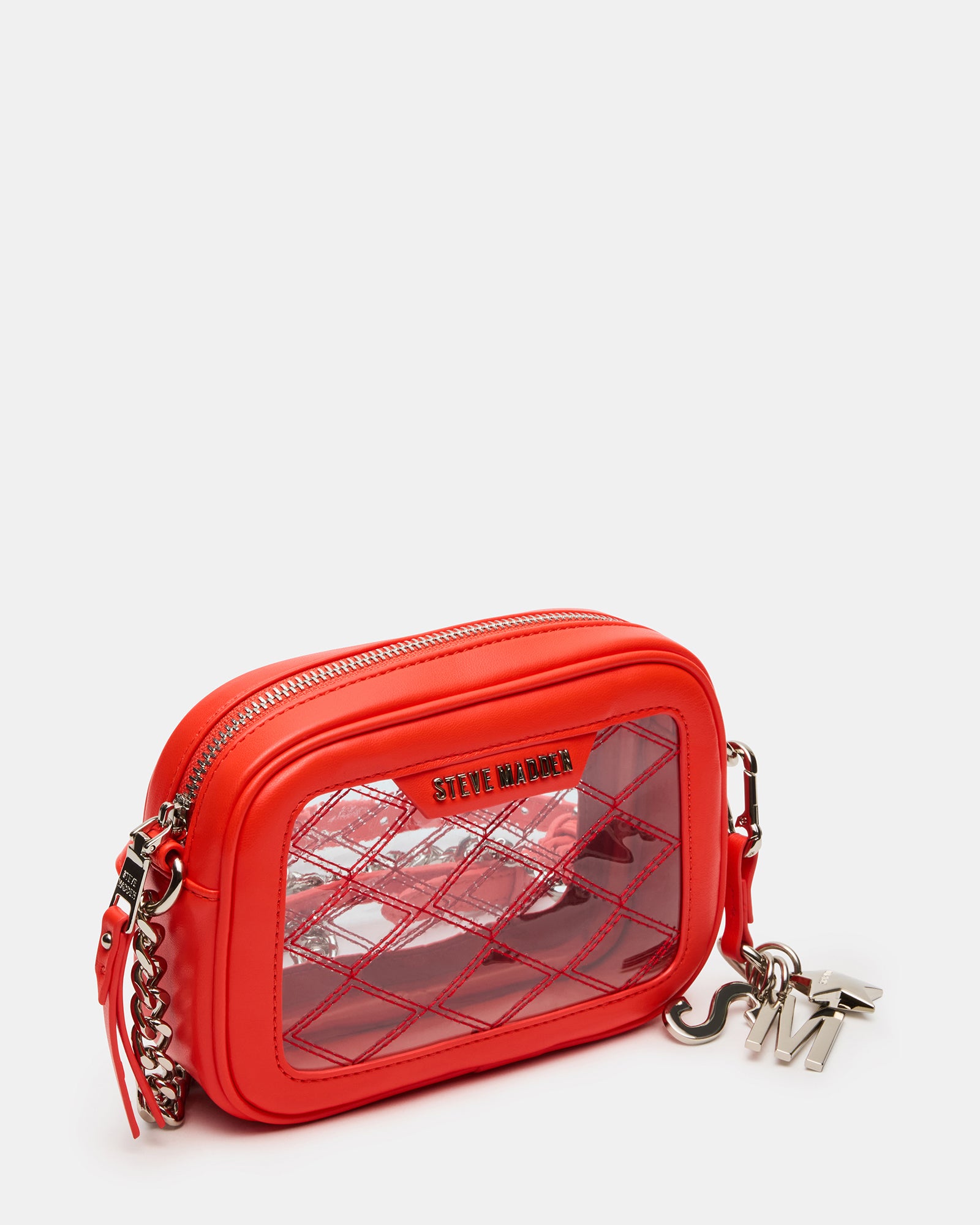 Front view of the stylish clear crossbody camera bag in red.