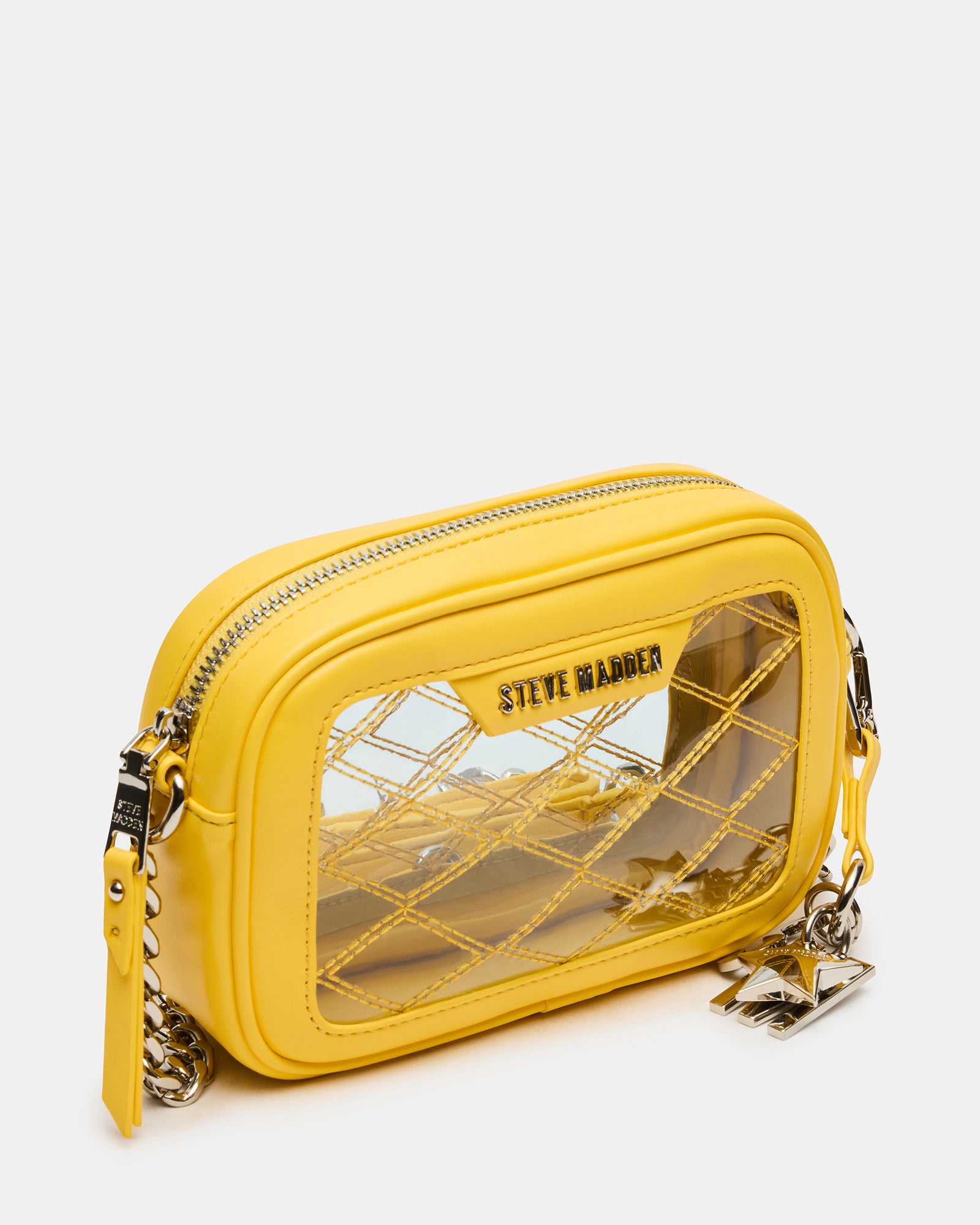 Front angle of the yellow clear camera crossbody bag showcasing its stylish design.