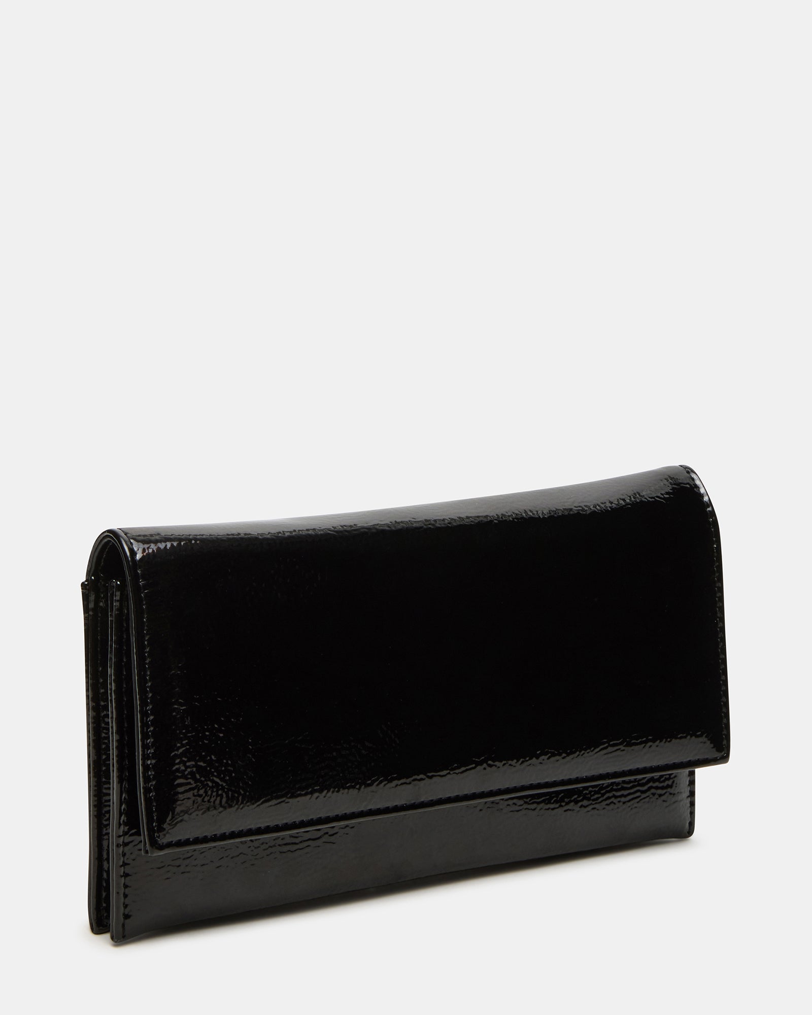 Black patent leather clutch with chain strap shown from the side for a stylish look