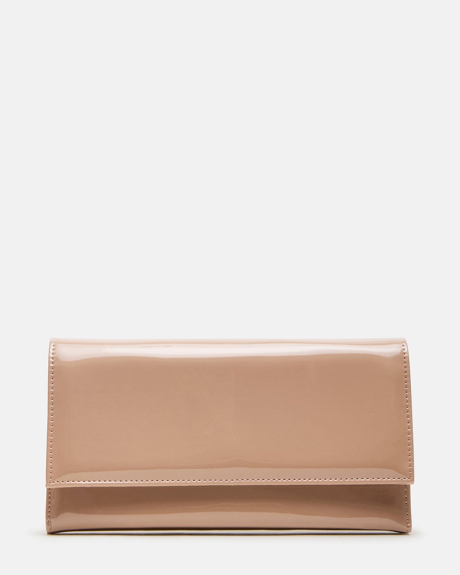 Close-up of the blush patent leather clutch bag with magnetic closure