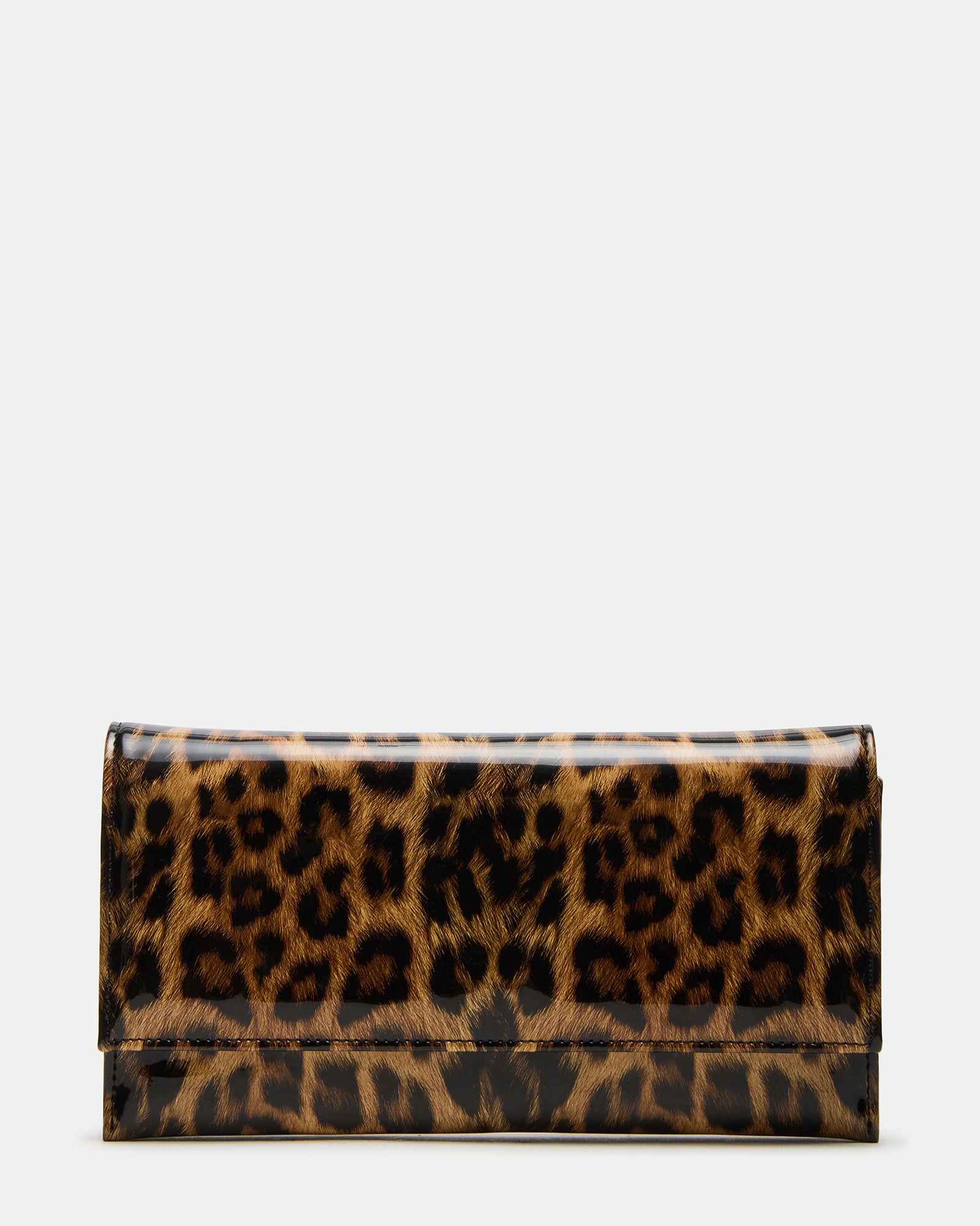 Juliana leopard print clutch purse displayed on a table, showing the chain strap detail.