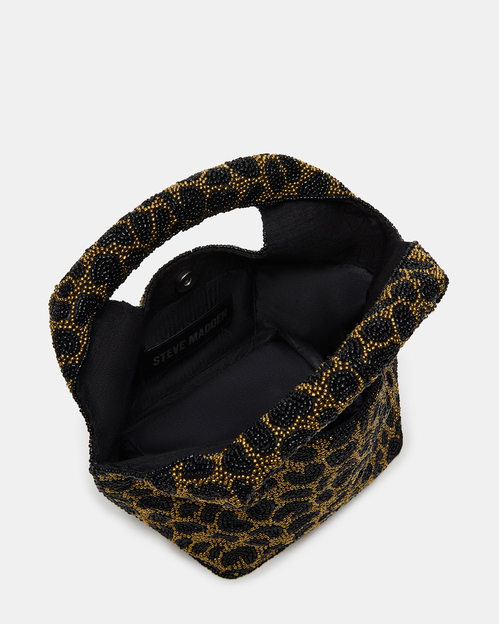 Front view of Kinsley leopard print beaded bag showcasing its unique design.