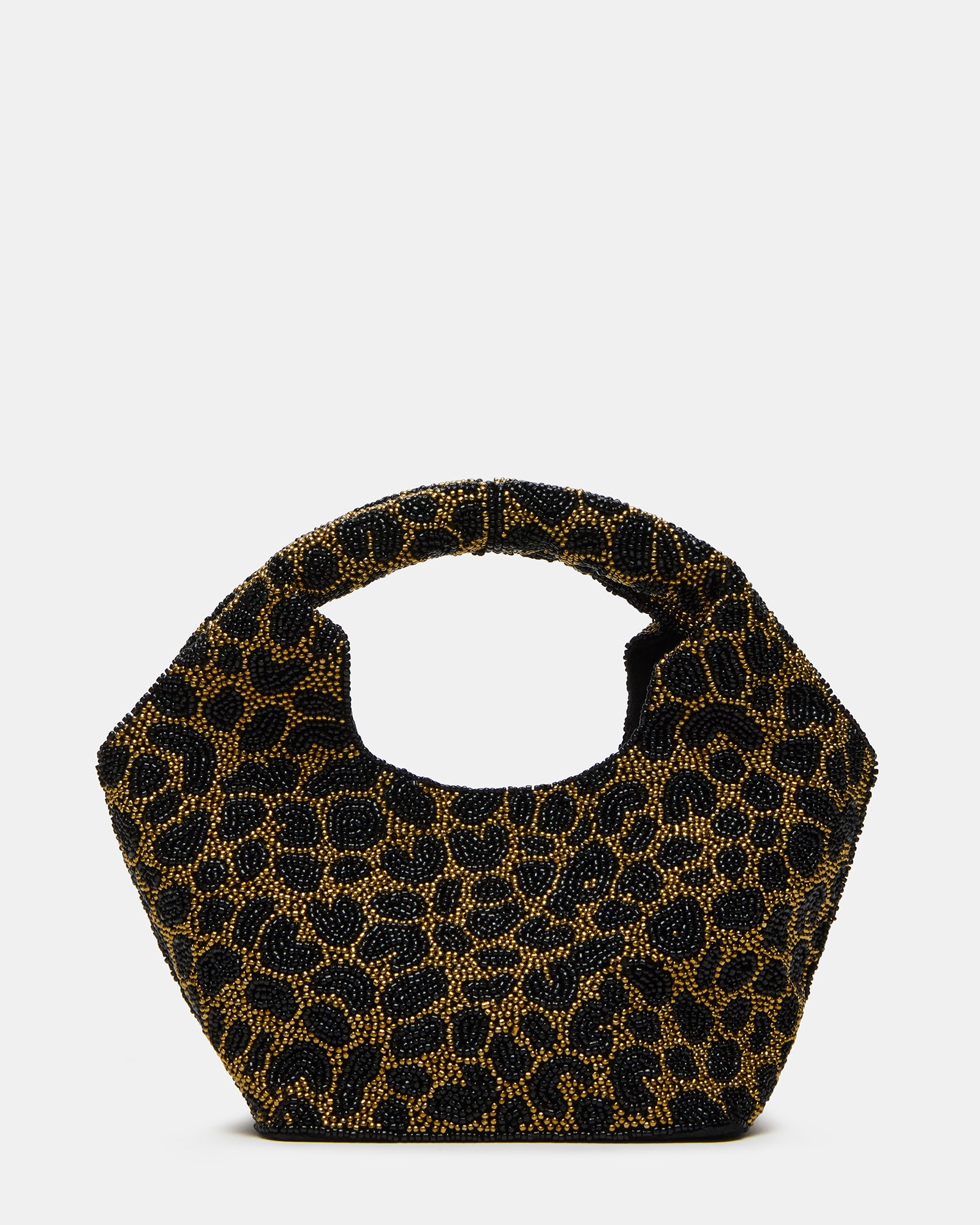 Front view of Kinsley leopard print beaded bag showcasing its unique design.