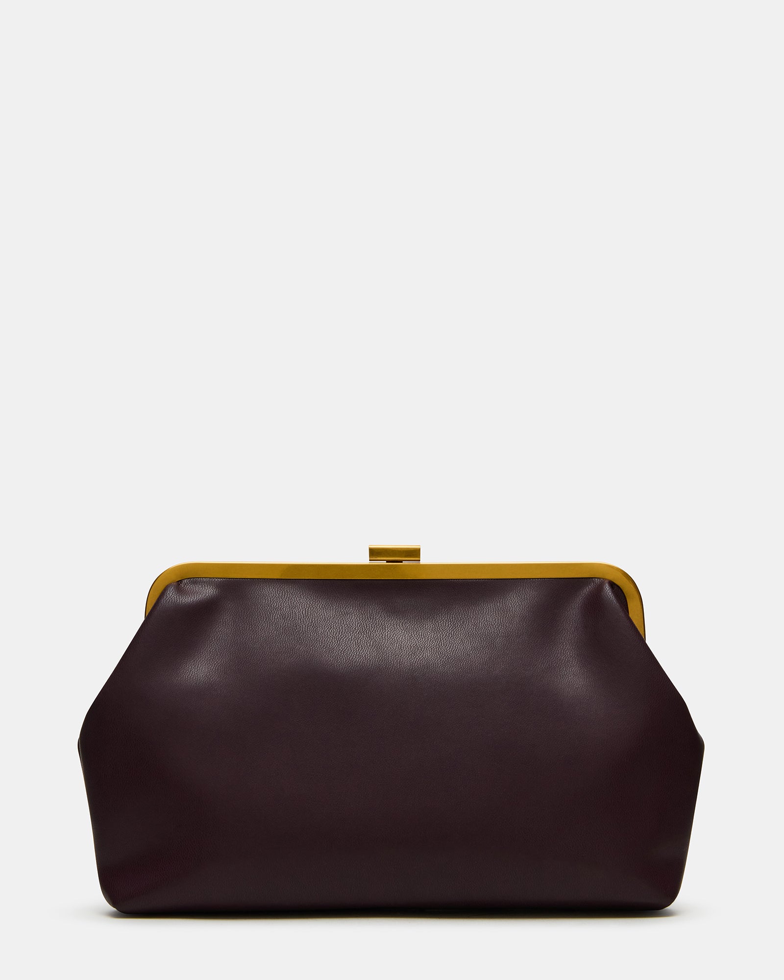 Angled front shot of the small handbag on a marble counter, chain strap displayed