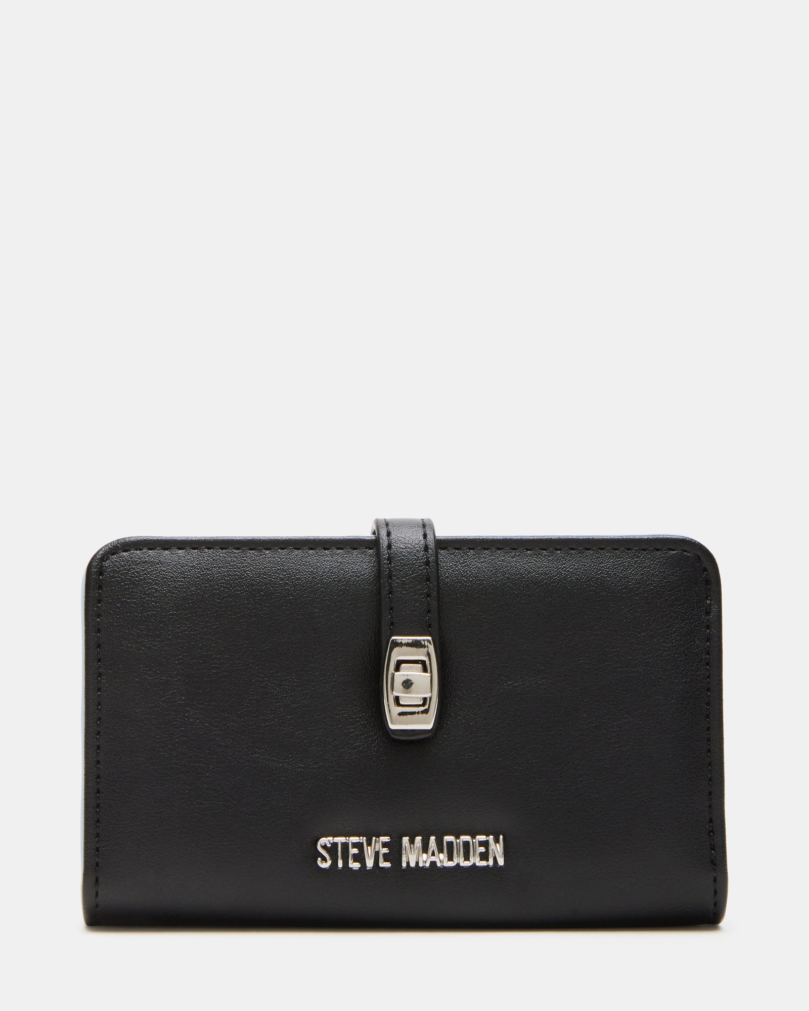 Black Coach Turn-Lock Wallet open view showing blue interior and card slots