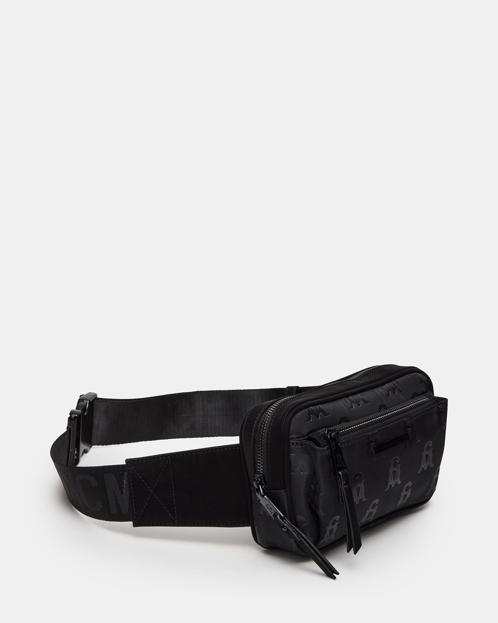 Front view of LIND mini belt bag in sleek black, ideal for daily use.
