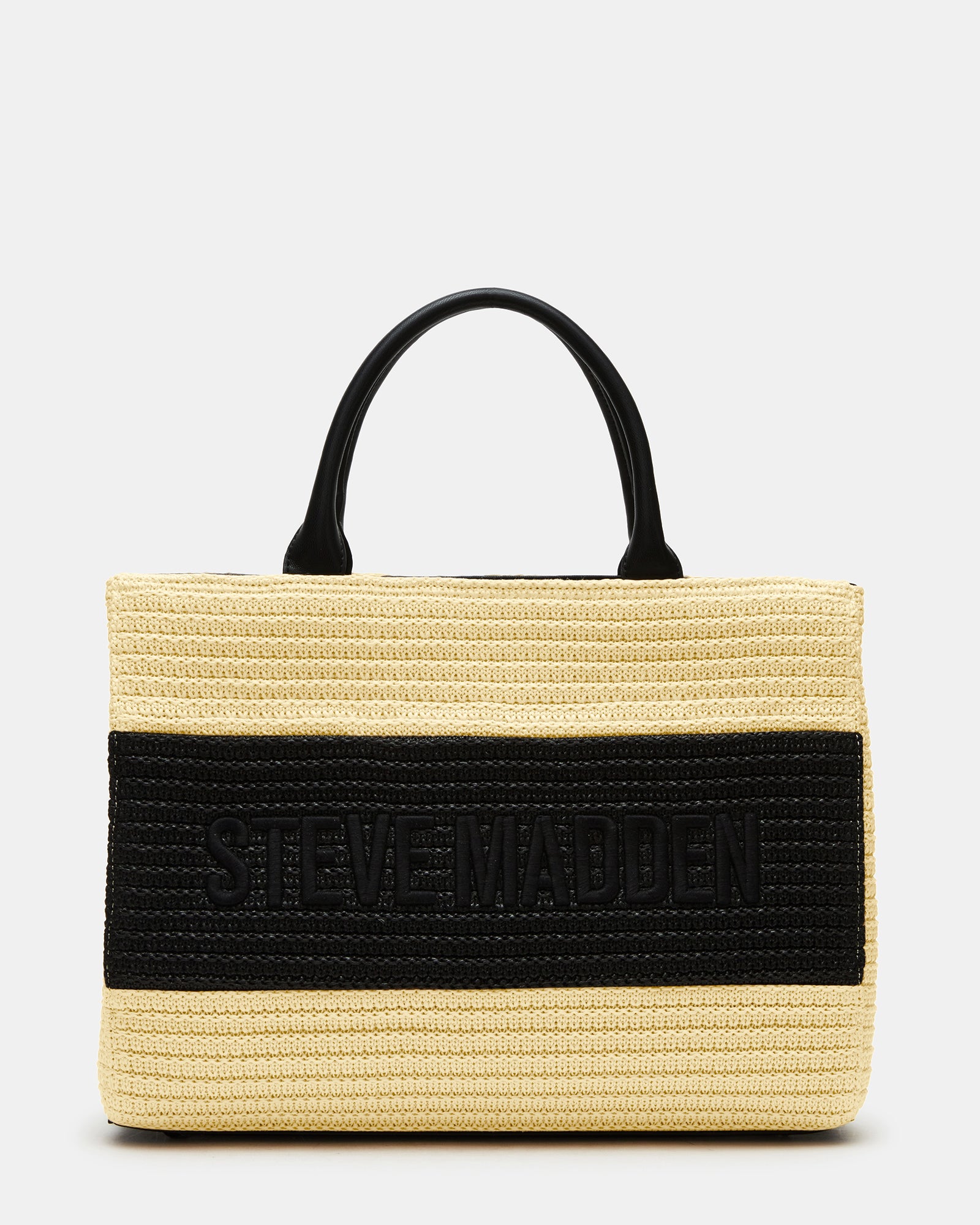 Front view of the black multi straw tote showcasing shoulder strap and detachable pouch.