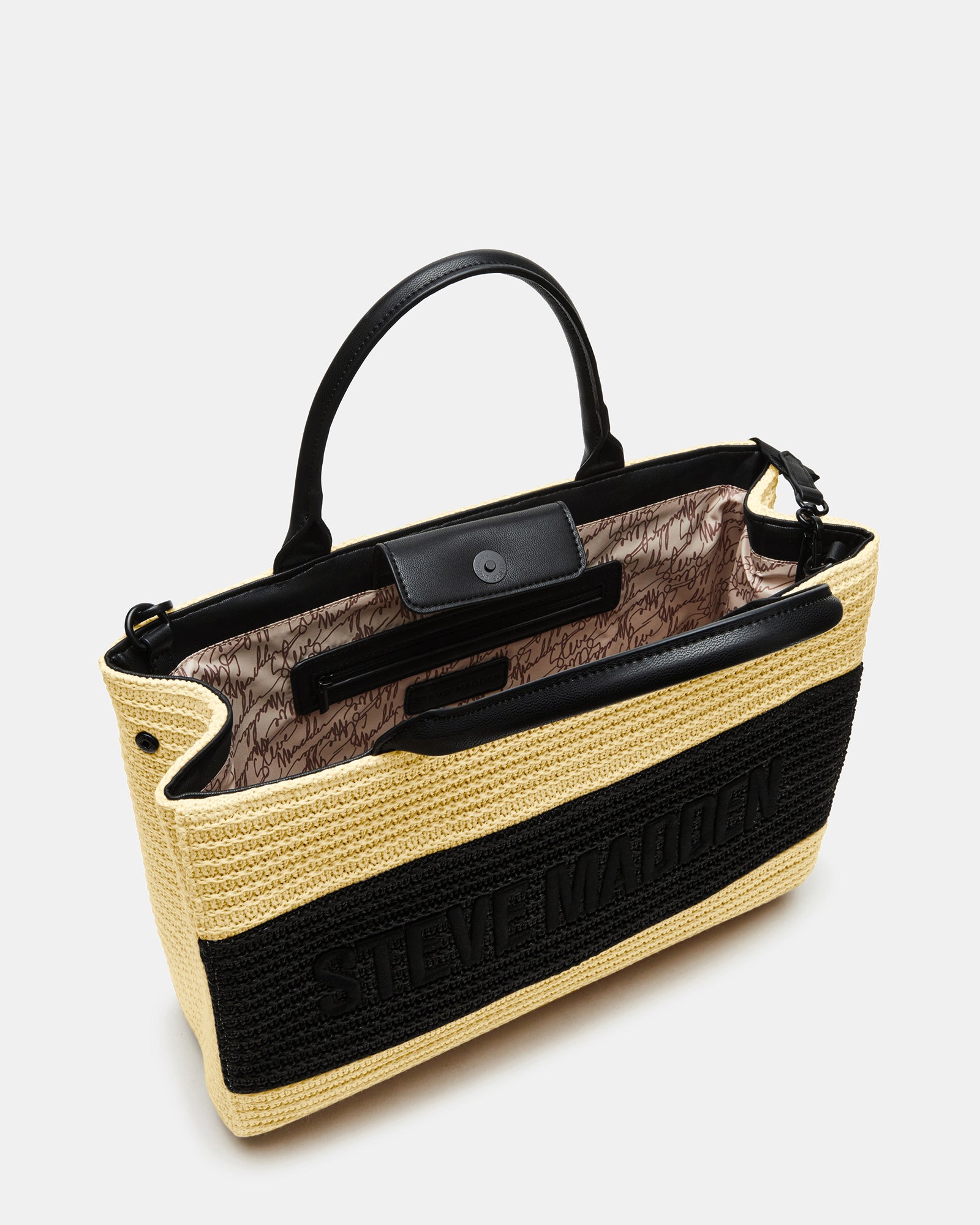 Front view of the black multi straw tote showcasing shoulder strap and detachable pouch.