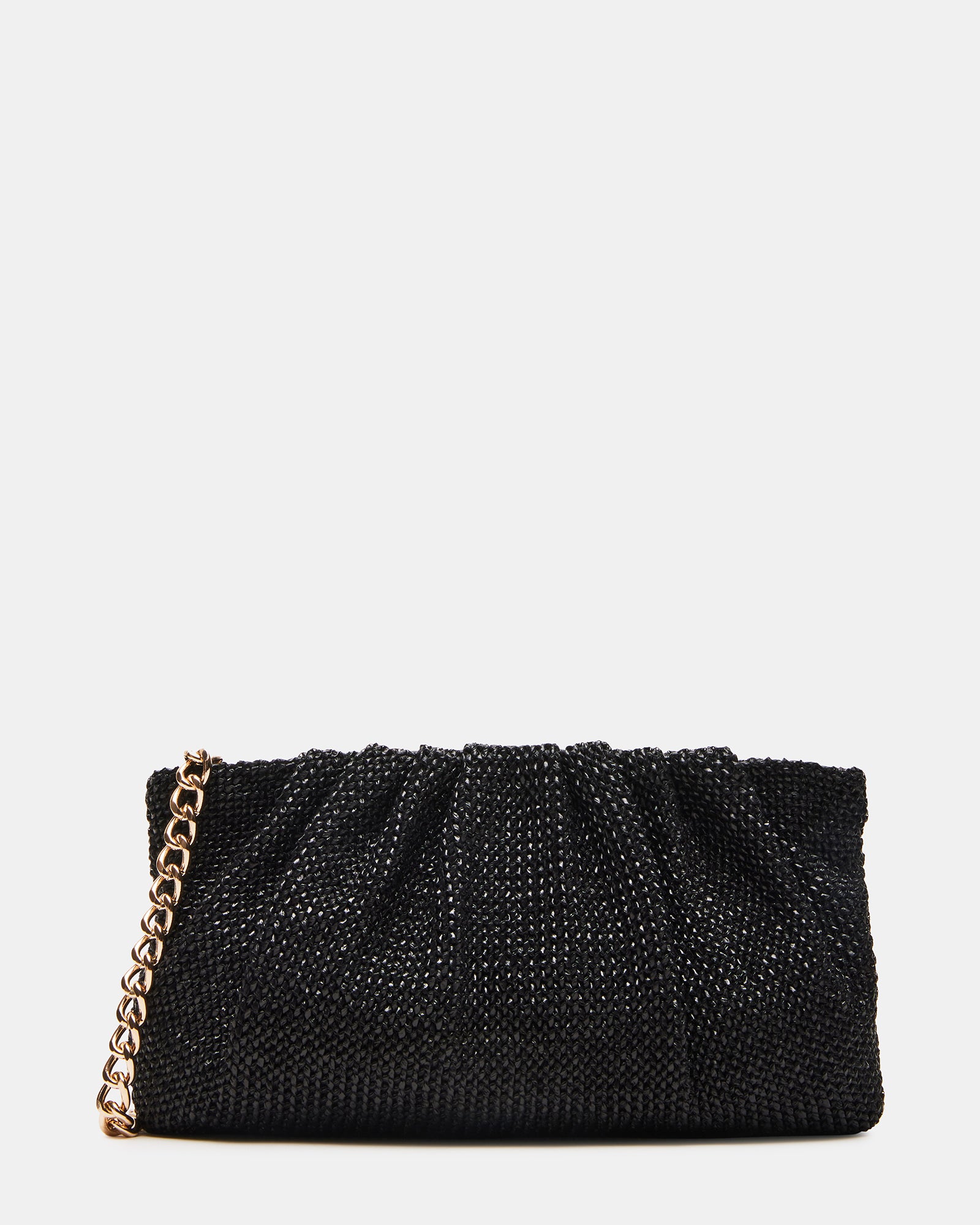 Chic Lucia raffia clutch bag in black, showcasing its pleated design.