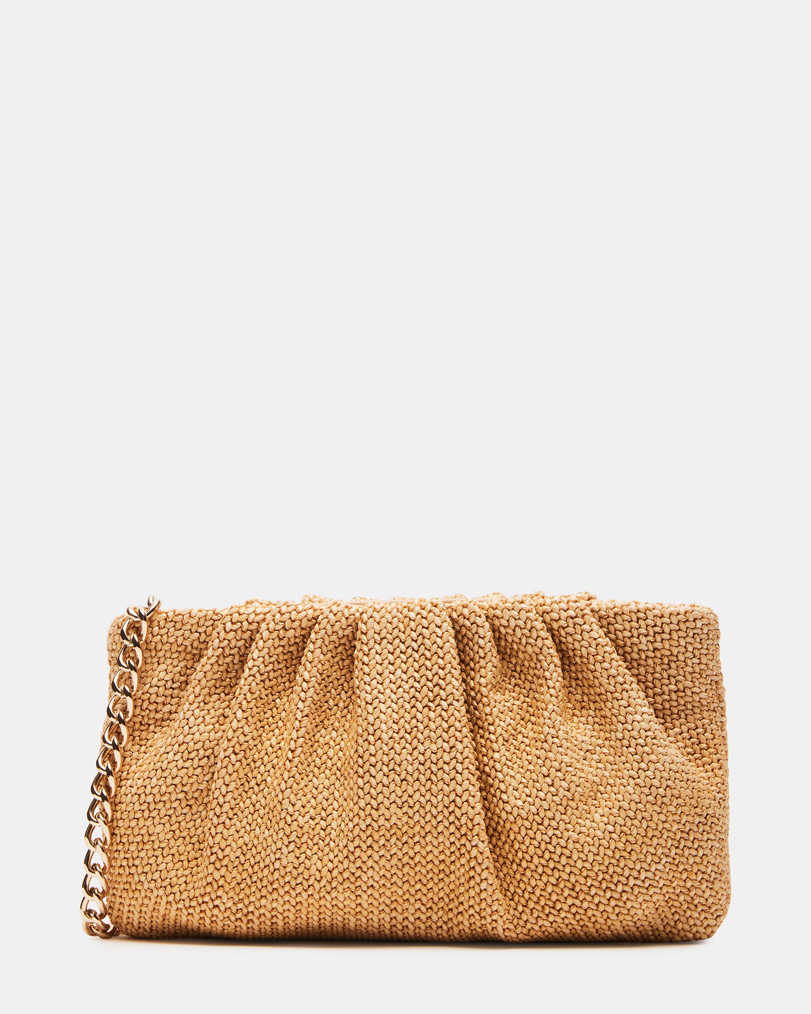 Lucia woven raffia clutch bag showcasing its pleated design and top zipper closure.