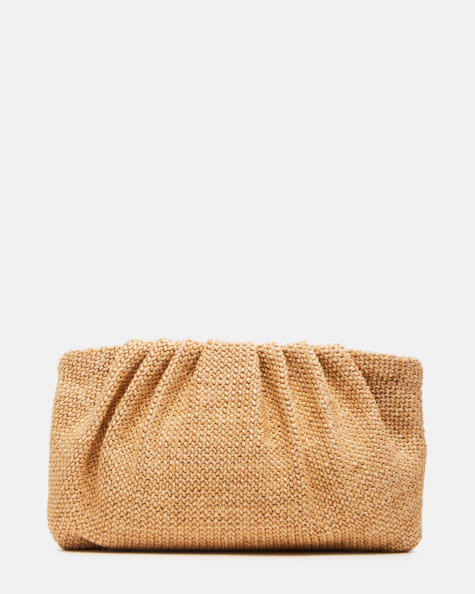 Lucia woven raffia clutch bag showcasing its pleated design and top zipper closure.